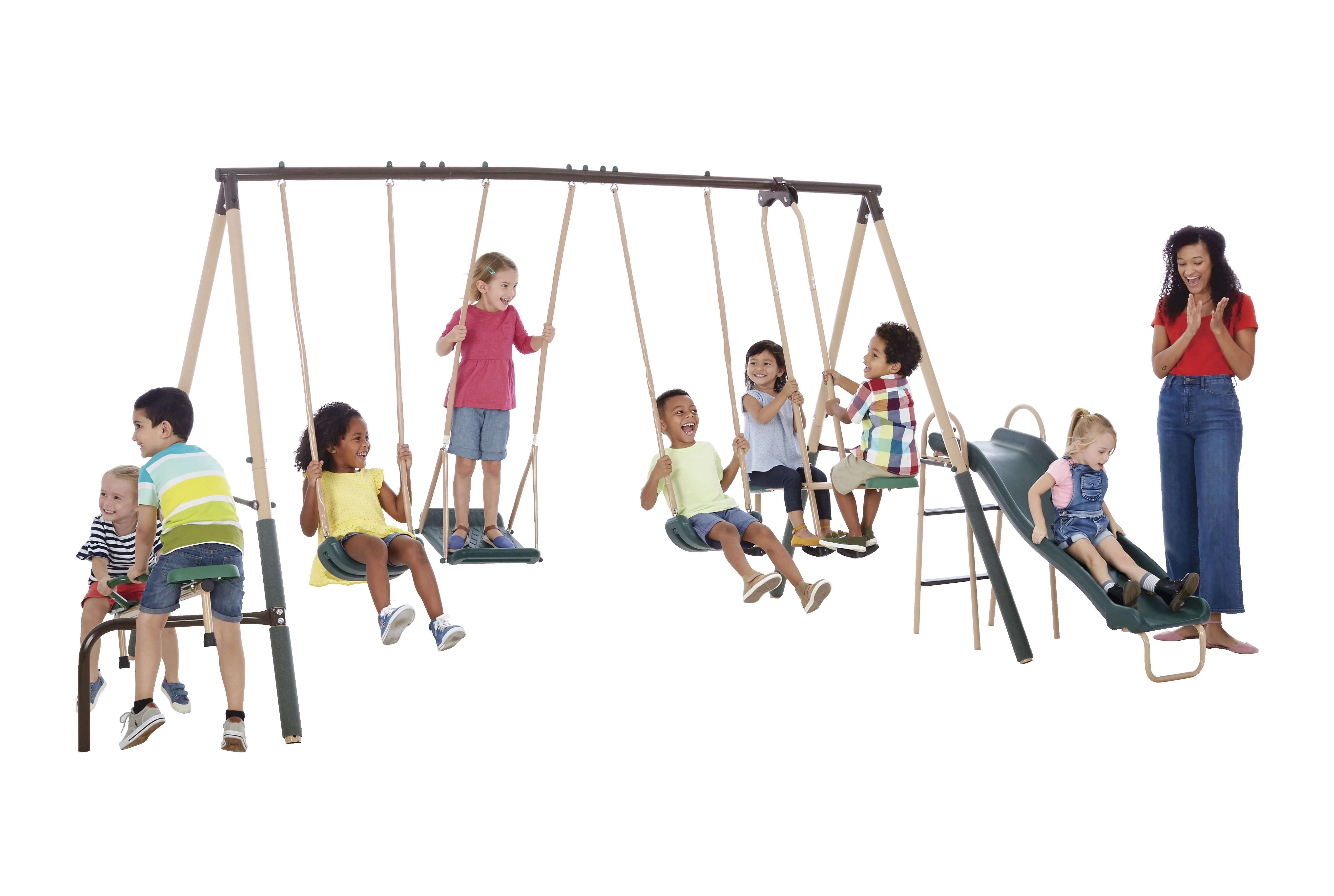 Crestview Swing Set by XDP Recreation with 2 Swing Seats, Stand R Swing, Wave Slide, Fun Glider, & See Saw