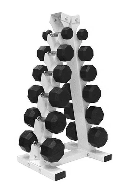 5-30 lb. Pairs, Dumbbell Weight Set with Rack, Rubber Flat 8-Sided Head w/ A- Frame Rack (Heavy Duty Construction) by VTX