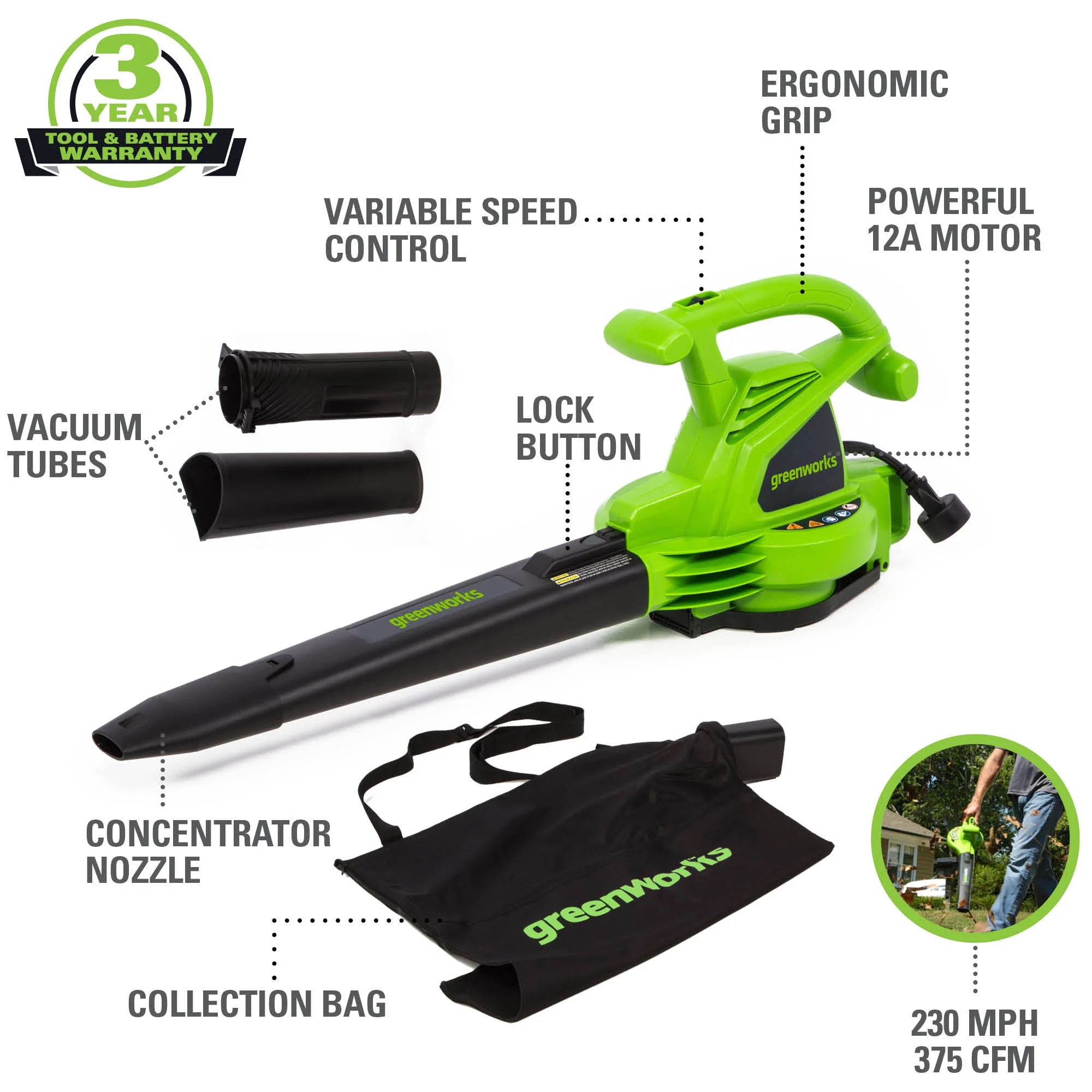 Greenworks 12 Amp 375 CFM Corded Electric Leaf Blower/Mulcher/Vacuum, 24022