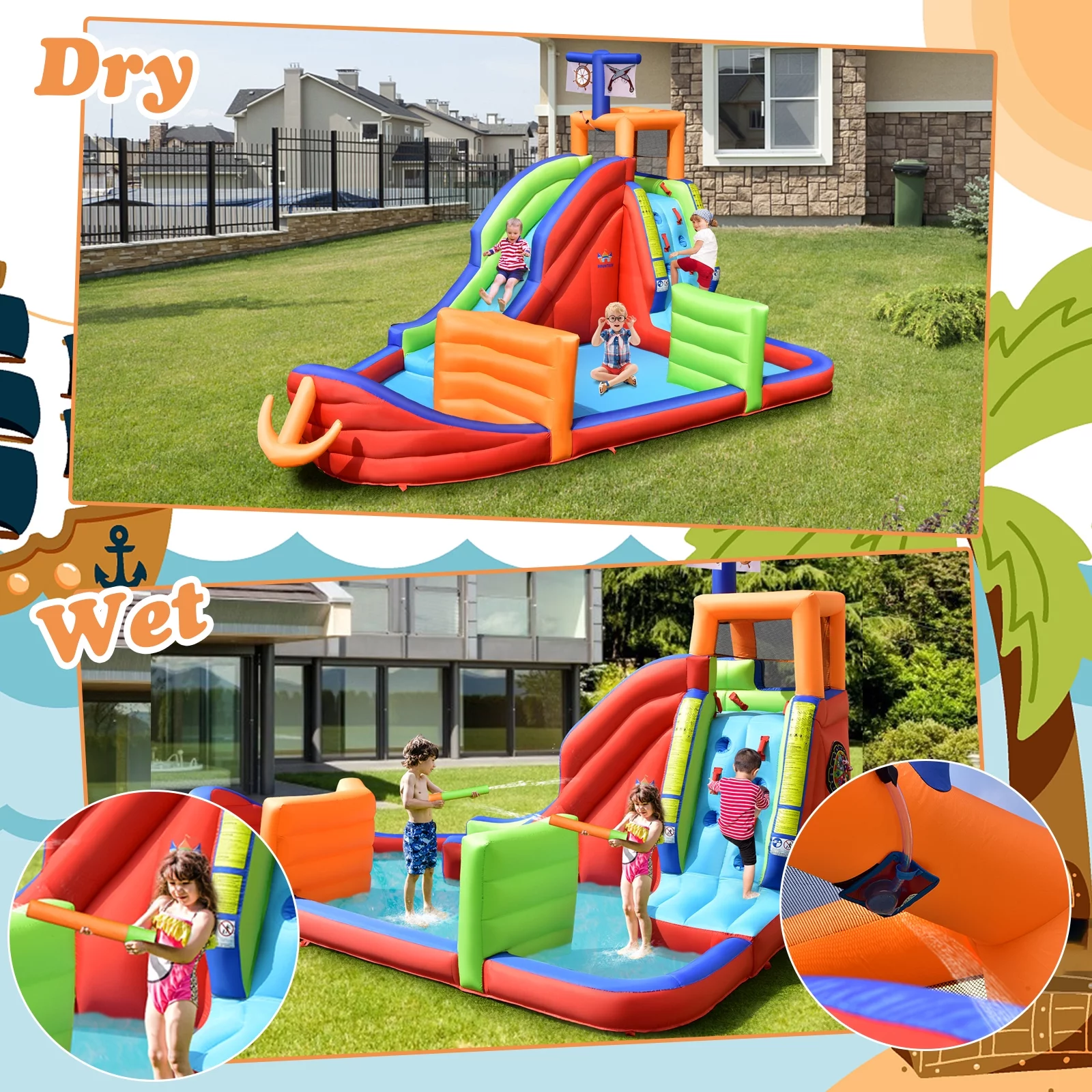 Infans 6-in-1 Pirate Ship Waterslide Kid Inflatable Castle w/ Water Guns & 735W Blower