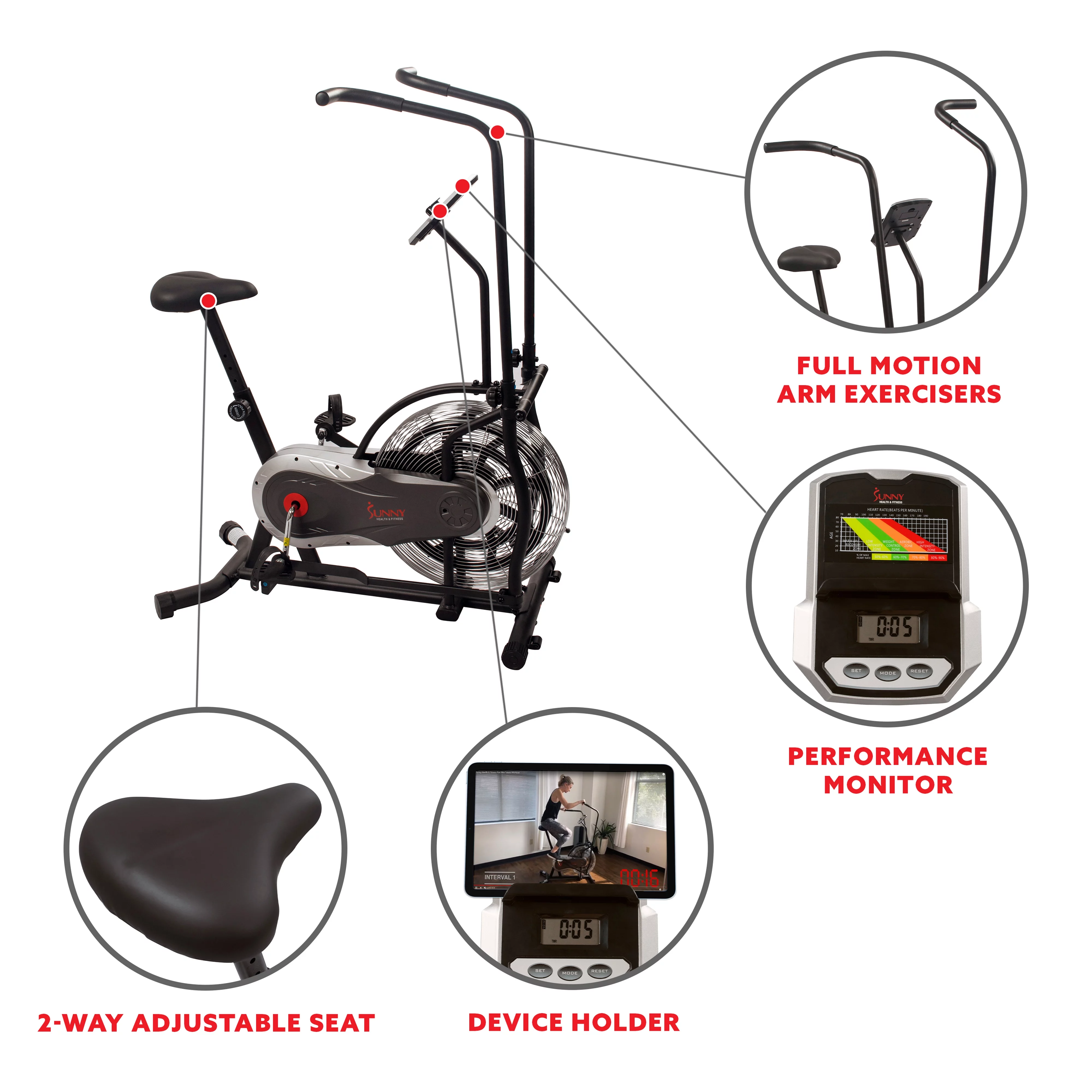 Sunny Health & Fitness Zephyr Indoor Stationary Upright Air Bike w/ Row – Fan Exercise Bicycle Cardio Machine For Home, SF-B2715