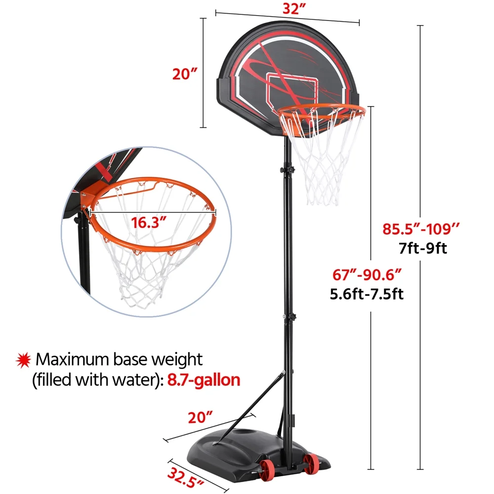 SmileMart 7 to 9 Ft Portable Basketball System Hoop for Outdoor Indoor, Black /Red