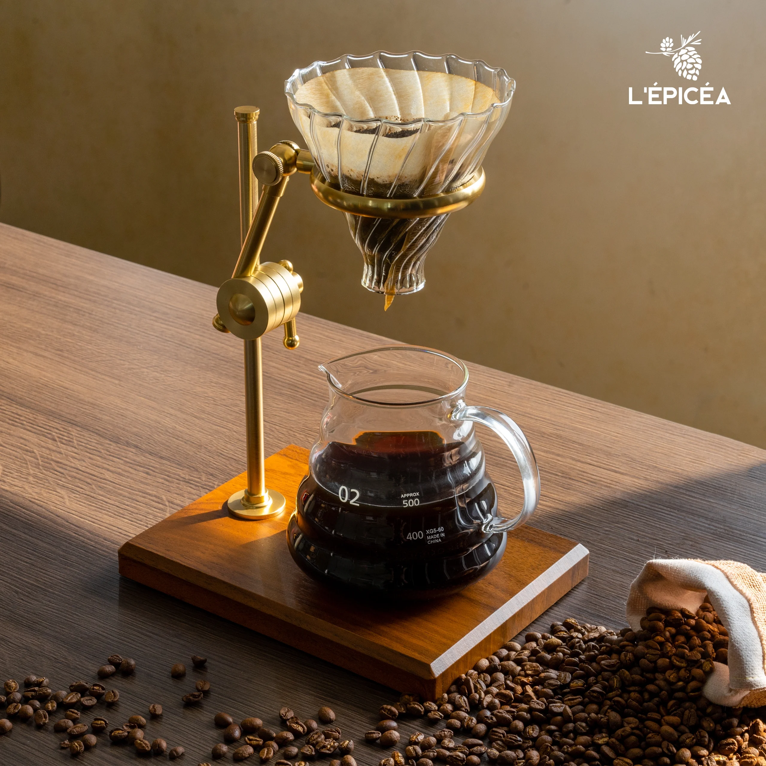 L’PICA Pour over Coffee Maker Set,Stainless Steel Stand, Wooden Base, Glass Coffee Dripper