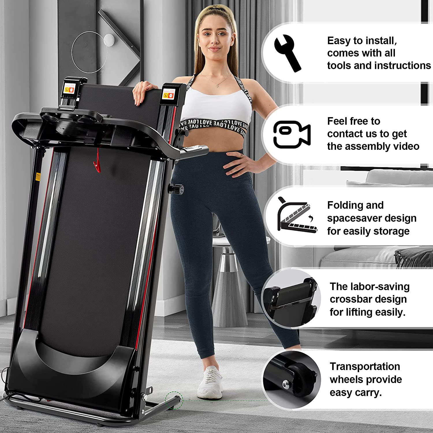 Electric Folding Treadmill Small Treadmill Motorized Running and Jogging Machine with Speakers for Home Use, 12 Preset Work Out Programs