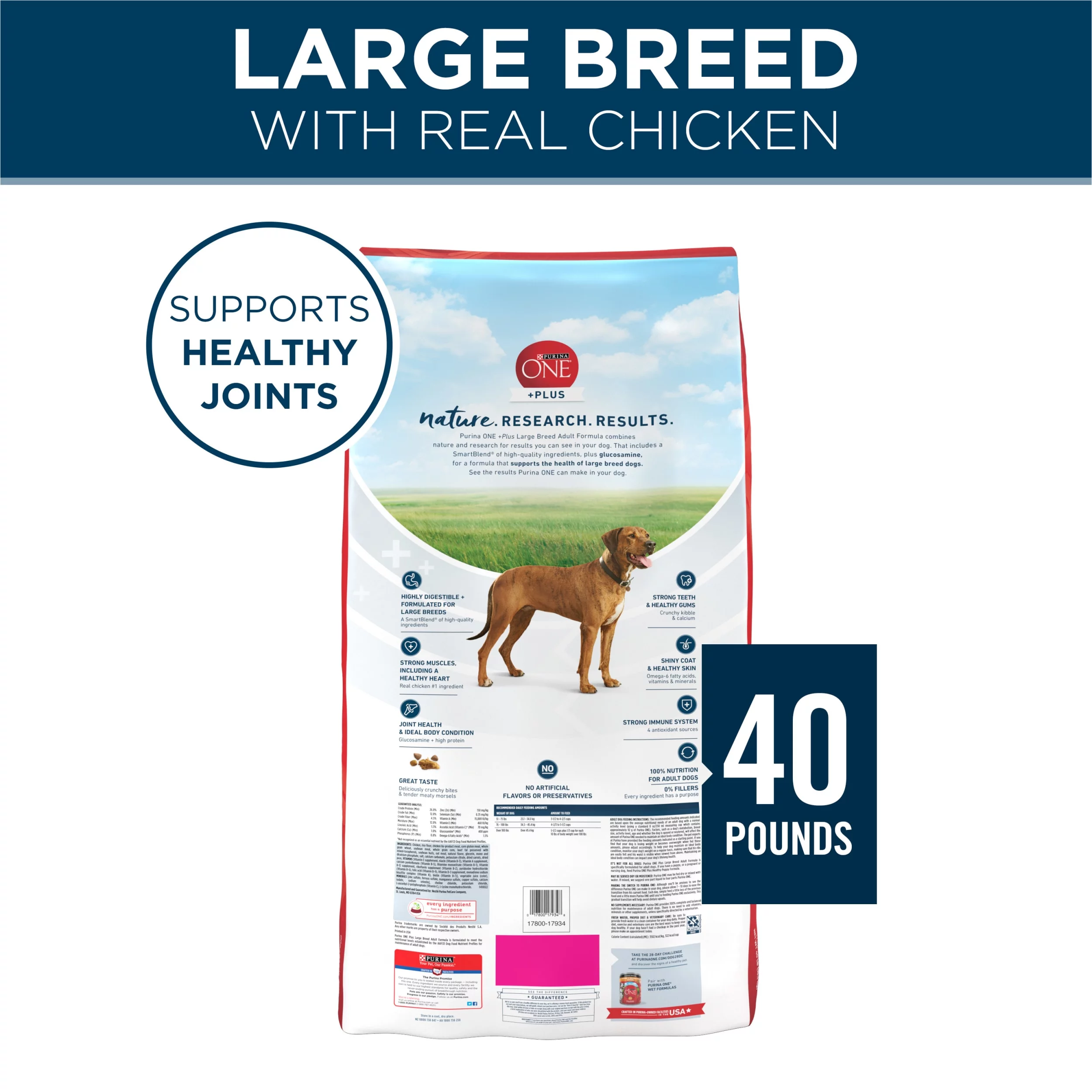 Purina ONE Plus Dry Large Breed Dog Food for Adult Dogs, Real Protein Rich Natural Chicken Flavor, 40lb Bag