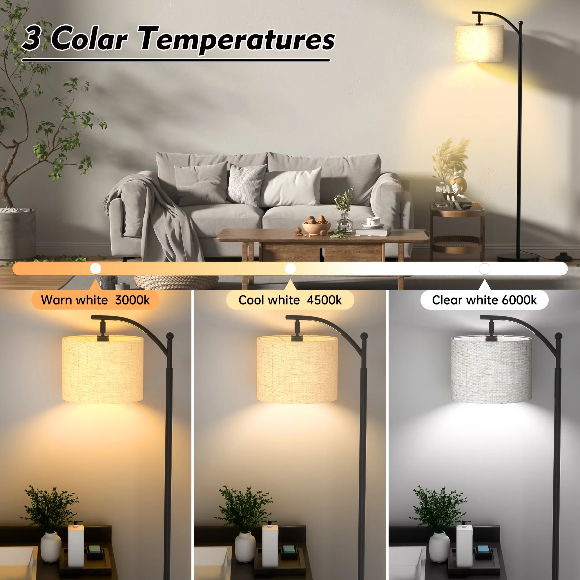 Floor Lamp for Living Room with 3 Color Temperatures, Tall Modern Standing Lamp with Linen Shade, Footswitch, Mid Century Floor Lamp for Bedrooms, Office (9W LED Bulb Included)