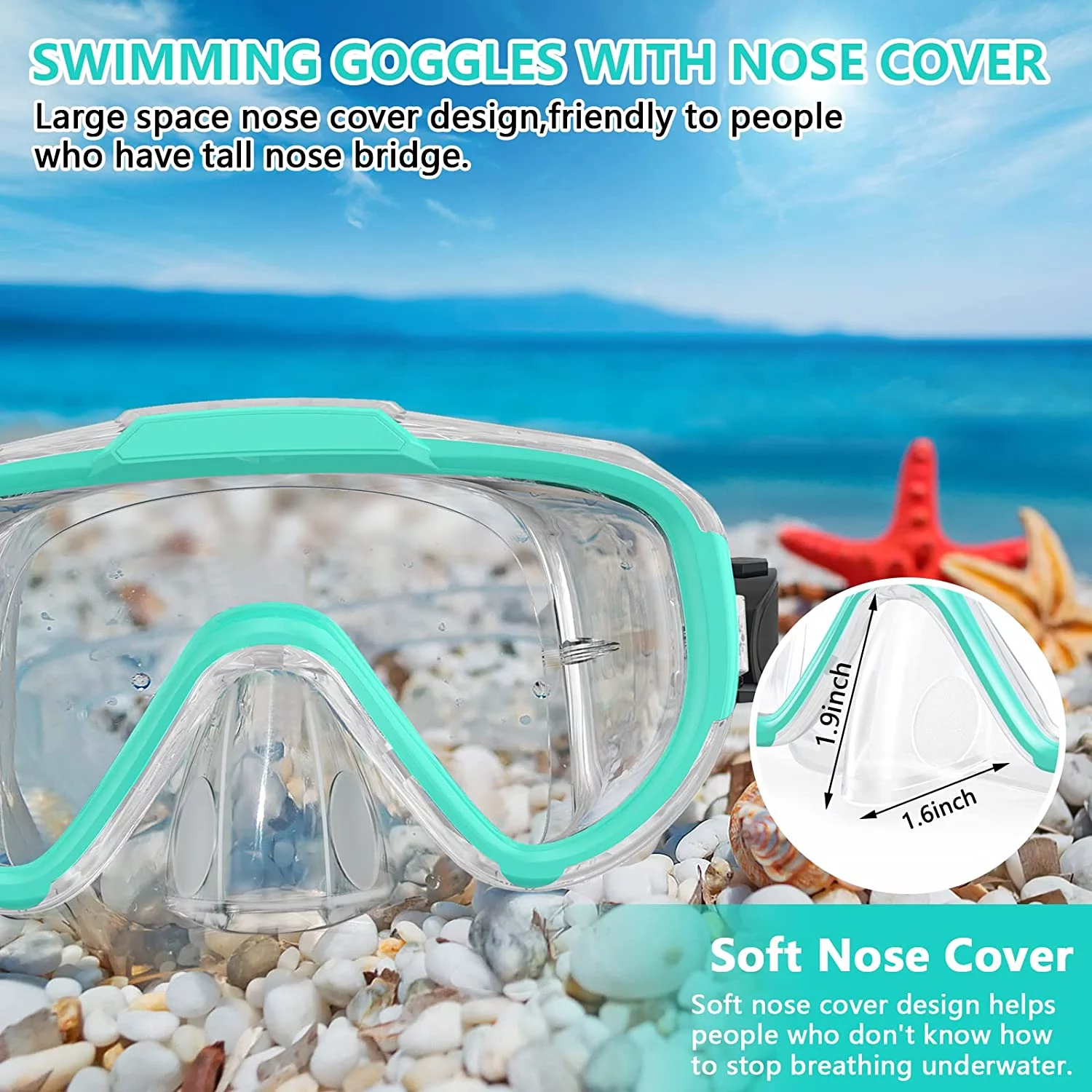 Swim Goggles Adult, Anti Fog Snorkel Diving Goggles, Clear View Tempered Glass Swimming Mask with Nose Cover