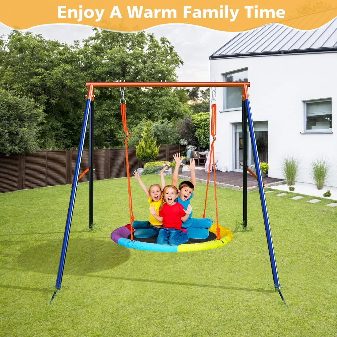 Tiikiy Swing Set with Saucer, 440lbs Saucer Swing with Stand for 2-3 kids Outdoor Play, 40in Round Saucer Swing Adjustment Rope, Rainbow