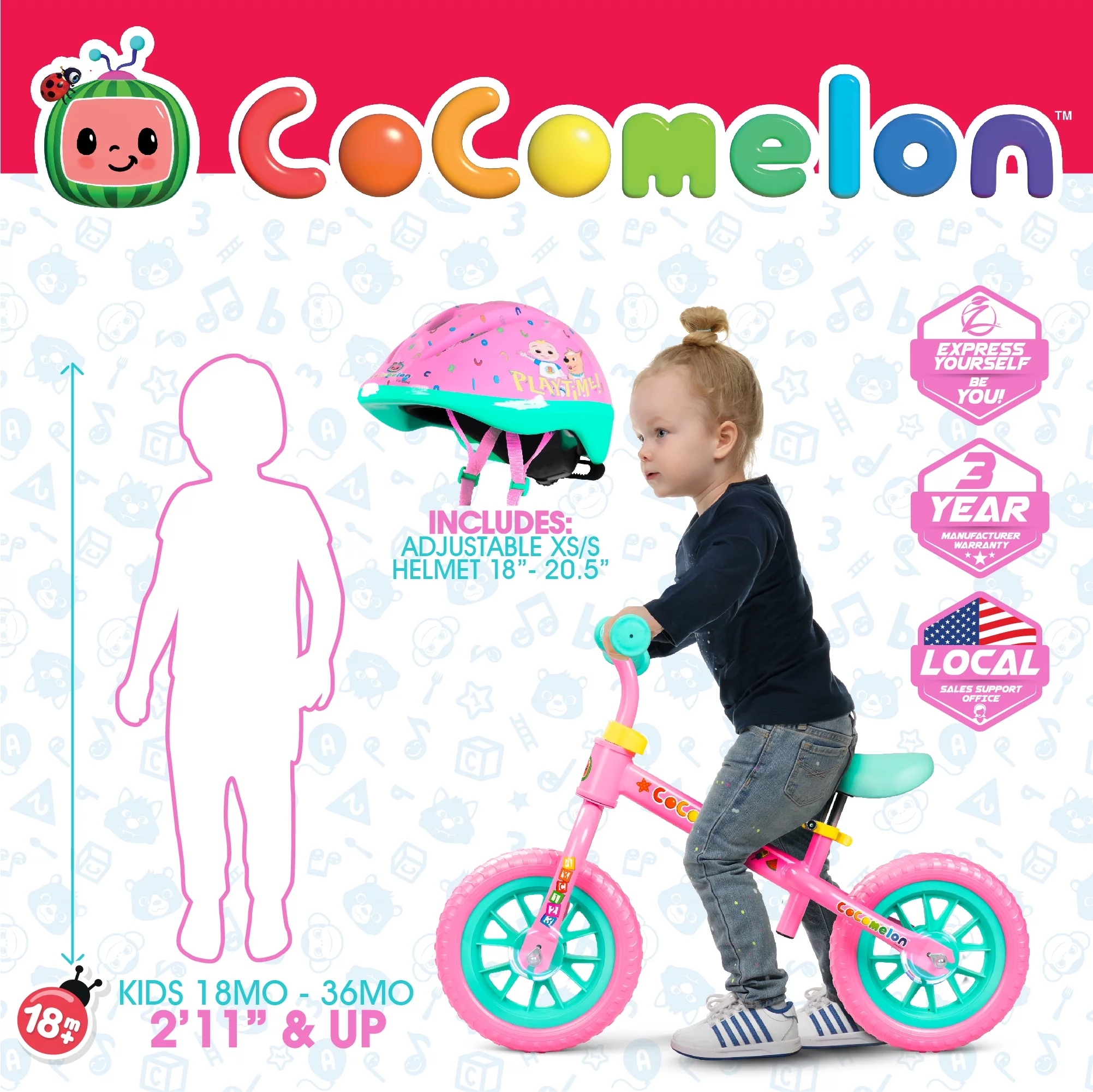 Cocomelon Toddlers Balance Bike Adjustable Helmet Light-up 10″ Wheels Lightweight Trainer Blue