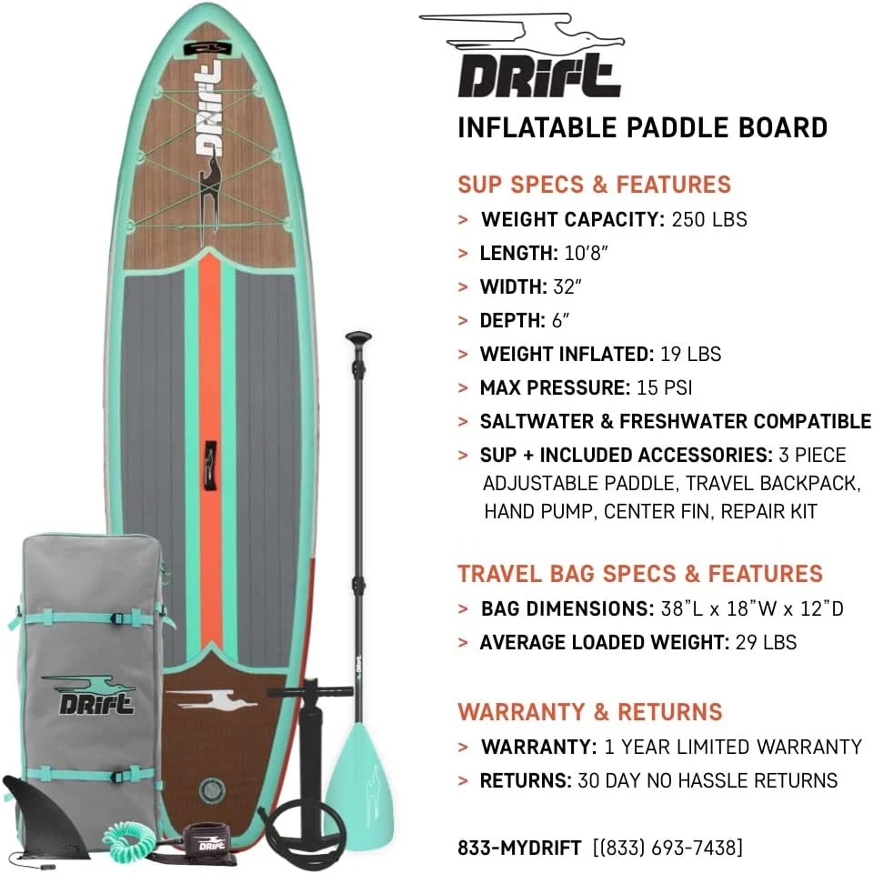 Drift Aero Inflatable Stand Up Paddle Board – SUP Paddle Board & Accessories, Including Pump, Paddle, and More – Classic Woodgrain, Adult, 10’8″