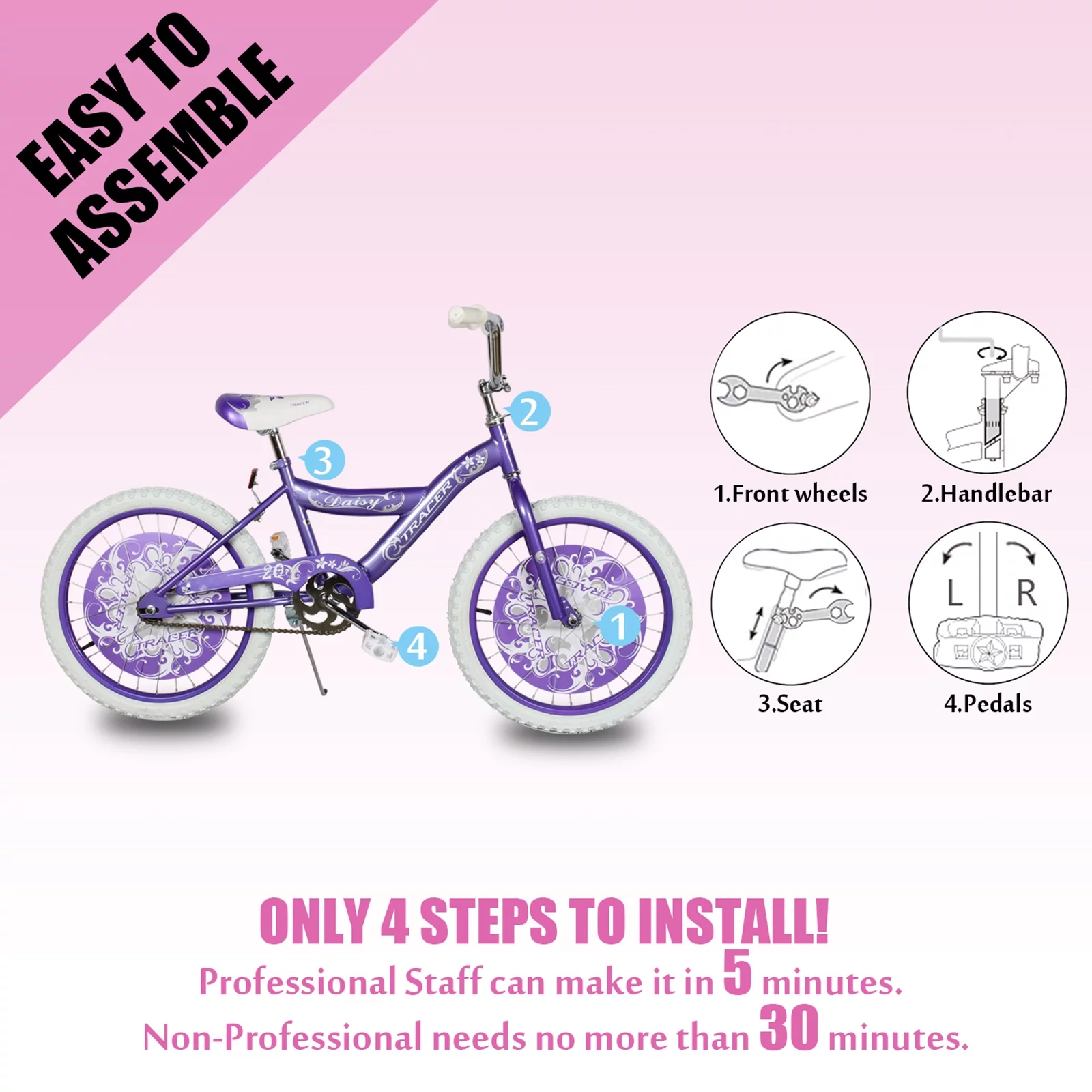 TRACER Daisy BMX 20 Inch Kids Bike, Boy and Girls Age 5 to 9, Purple