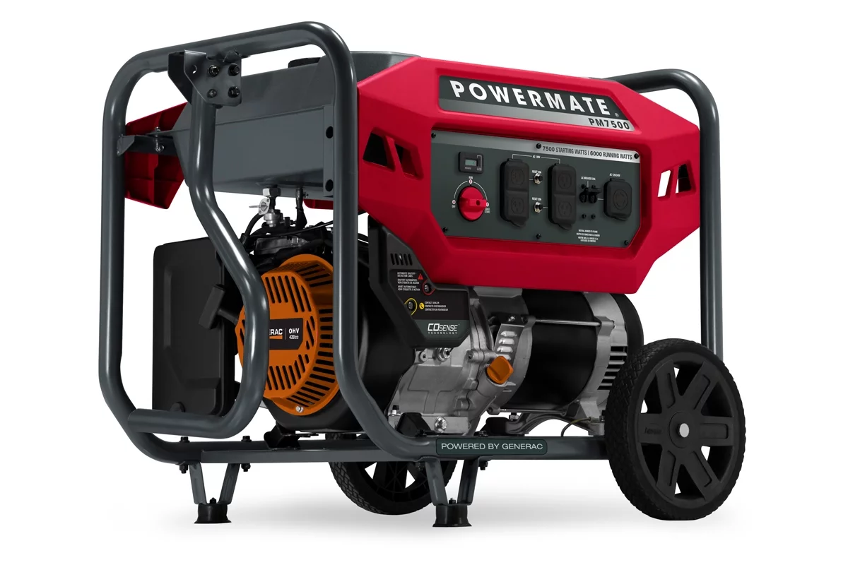 Powermate PM7500 – 7,500 Watt Manual Start Gasoline Powered Portable Generator, with CO-Sense, 50 ST