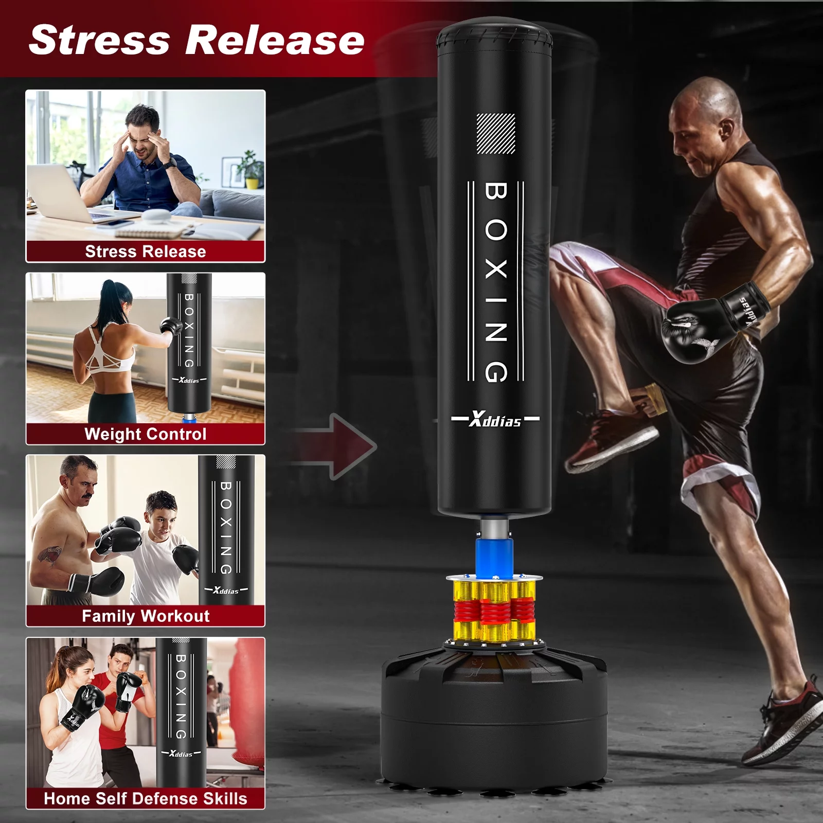 XDDIAS Punching Bag with Stand, Punching Bag for Adults, Boxing Bag with Stand 70”-205lbs Freestanding Punching Bag for Adult Youth Kids – Men Women Stand Kickboxing Bag for Home Office Gym