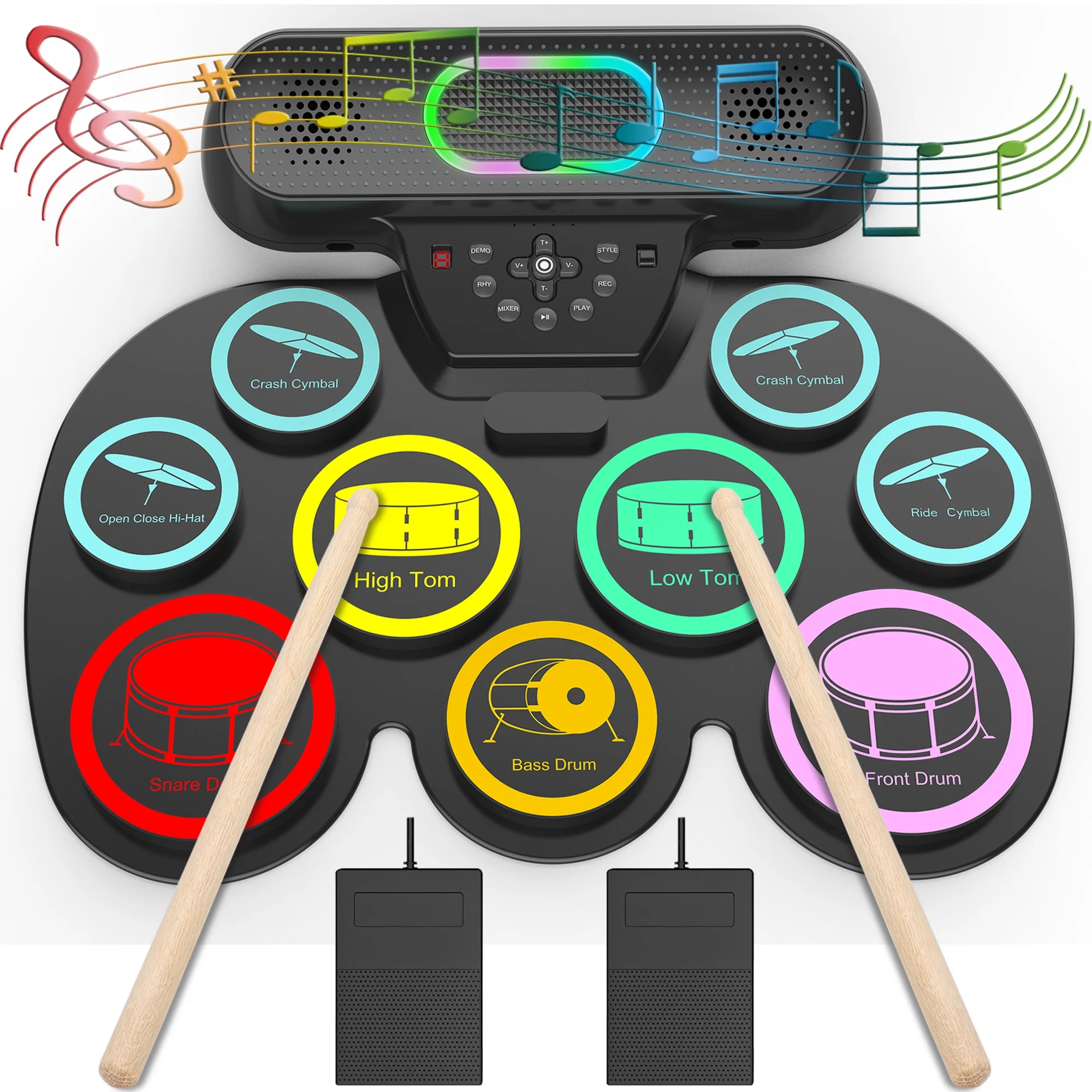 Ficcug Electronic Drum Set for Kids Adults,9 Pads Portable MIDI Roll-up Drum Kit with Dual Speakers / Headset Jack / Drumsticks / Foot Pedals,for Beginners