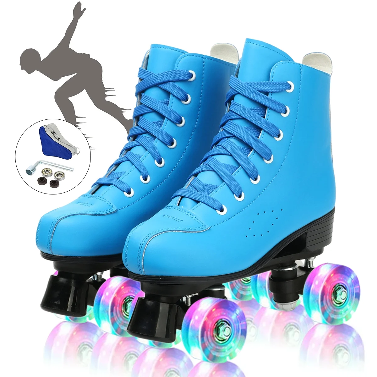 EONROACOO Flashing Wheels Roller Skates for Adult, Leather Double-Row Roller Skates for Women&Men Quad Skates(Green, Women 7/Men 5.5)