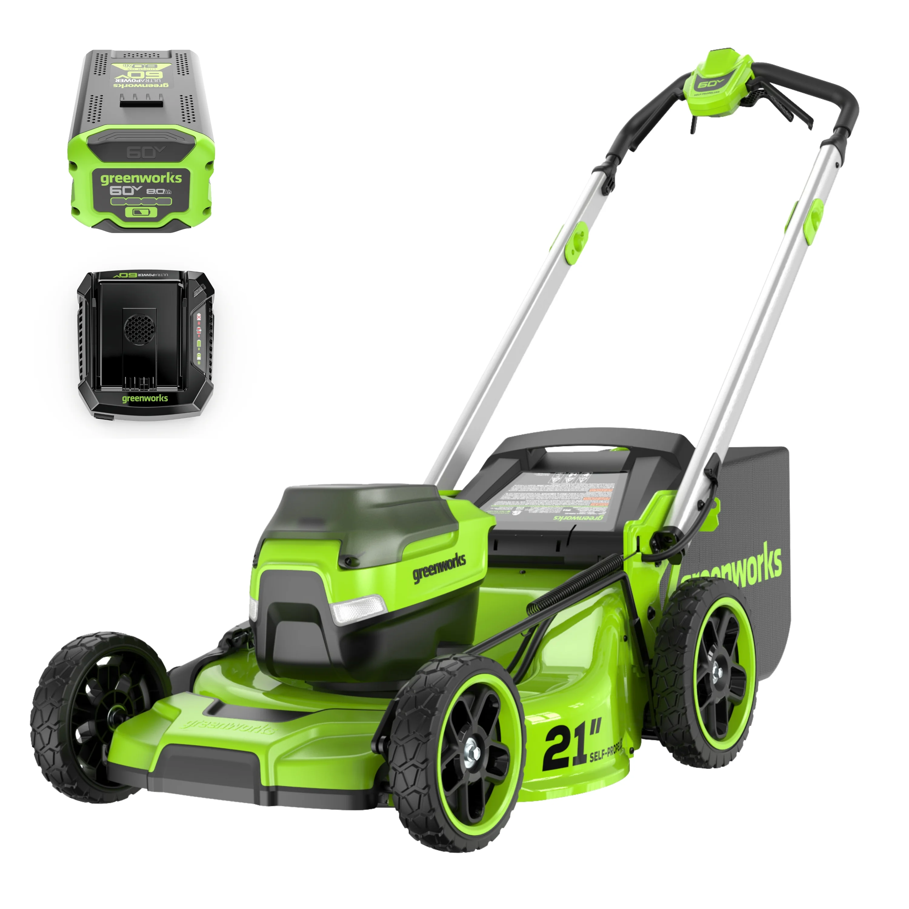 Greenworks 60V 21″ Self Propelled Lawn Mower with 8.0 Ah Battery & Rapid Charger 2546402