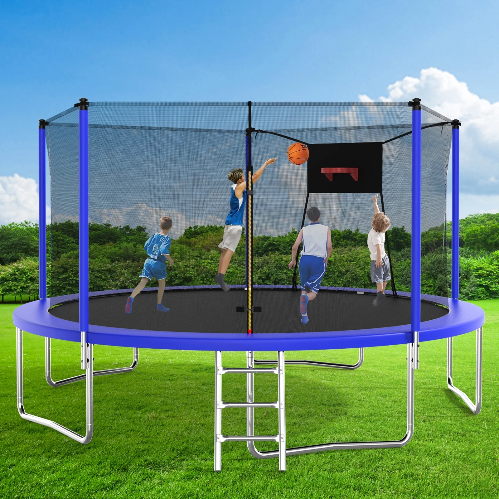 Trampoline with Enclosure on Clearance, SEGMART 14 Feet Kids Outdoor Trampoline with Safety Enclosure Net, Basketball Hoop and Ladder, Heavy Duty Round Trampoline for Indoor Outdoor Backyard, Blue