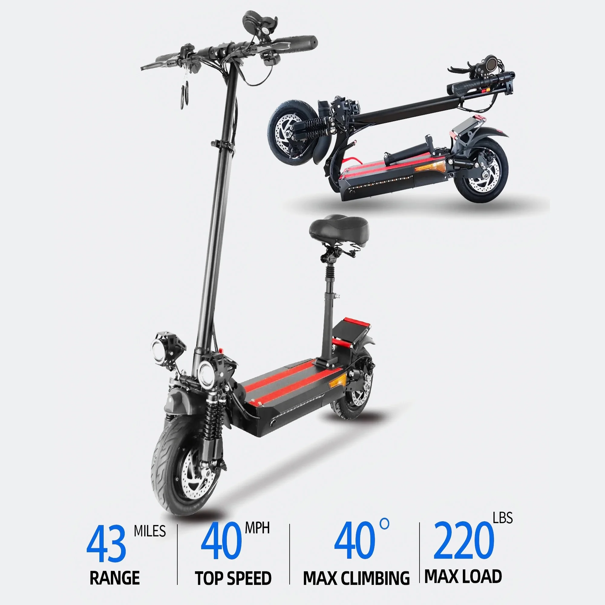 JUEJING Dual Motor Electric Scooter Adults with Seat,40Mph Speed& 43Miles Range Folding Electric Scooter