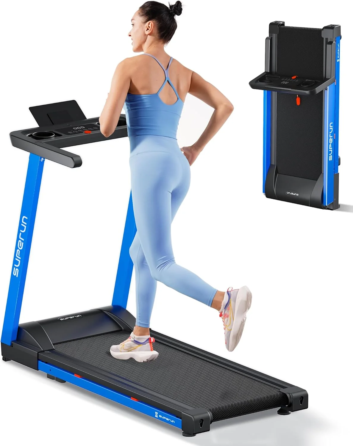 SupeRun 2.5HP Folding Treadmill for Home, APP Control , 300LB Running Data Analysis, Save Space,Blue