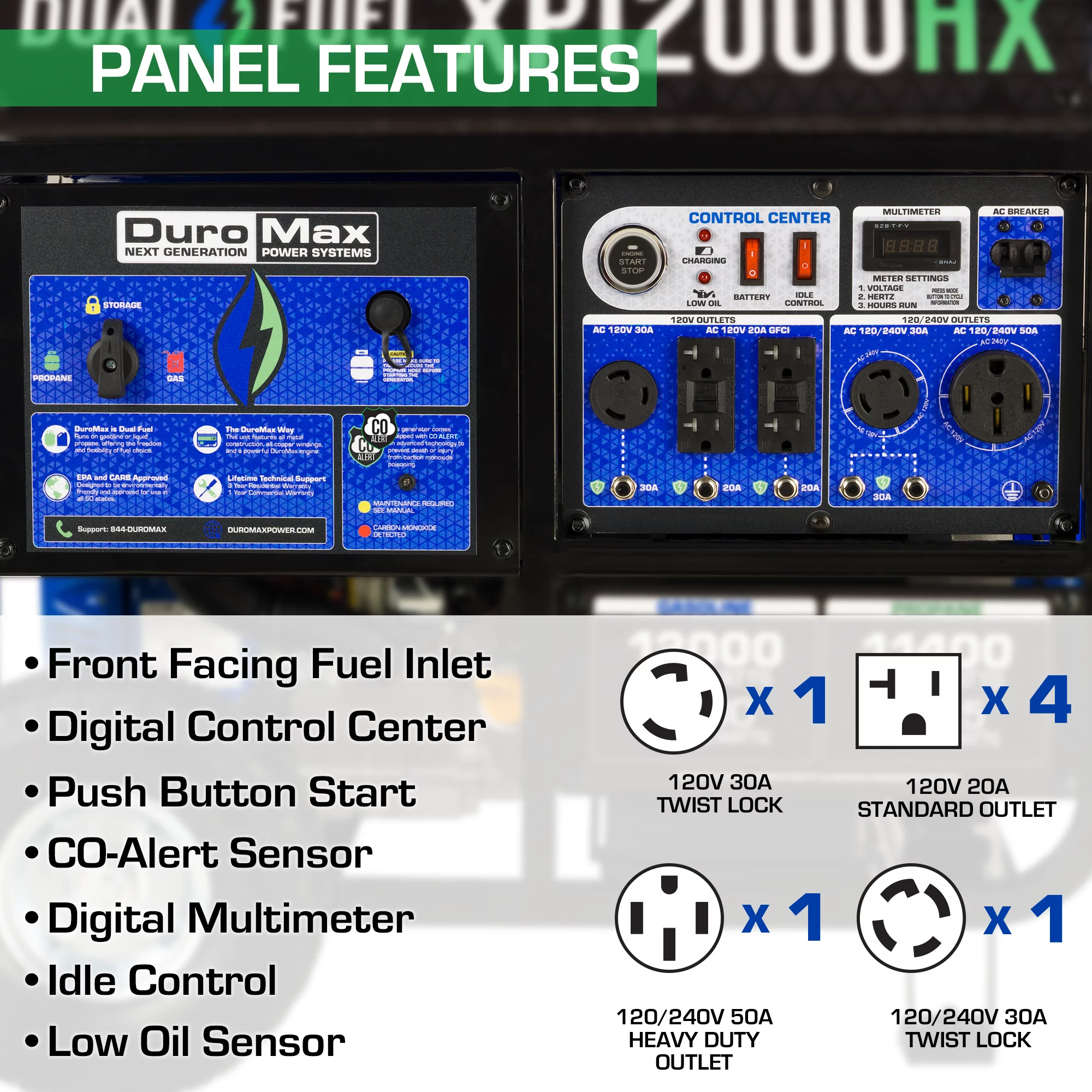 Duromax-XP12000HX DuroMax Generator Dual Fuel Gas Propane Portable with CO Alert 12,000 Watt