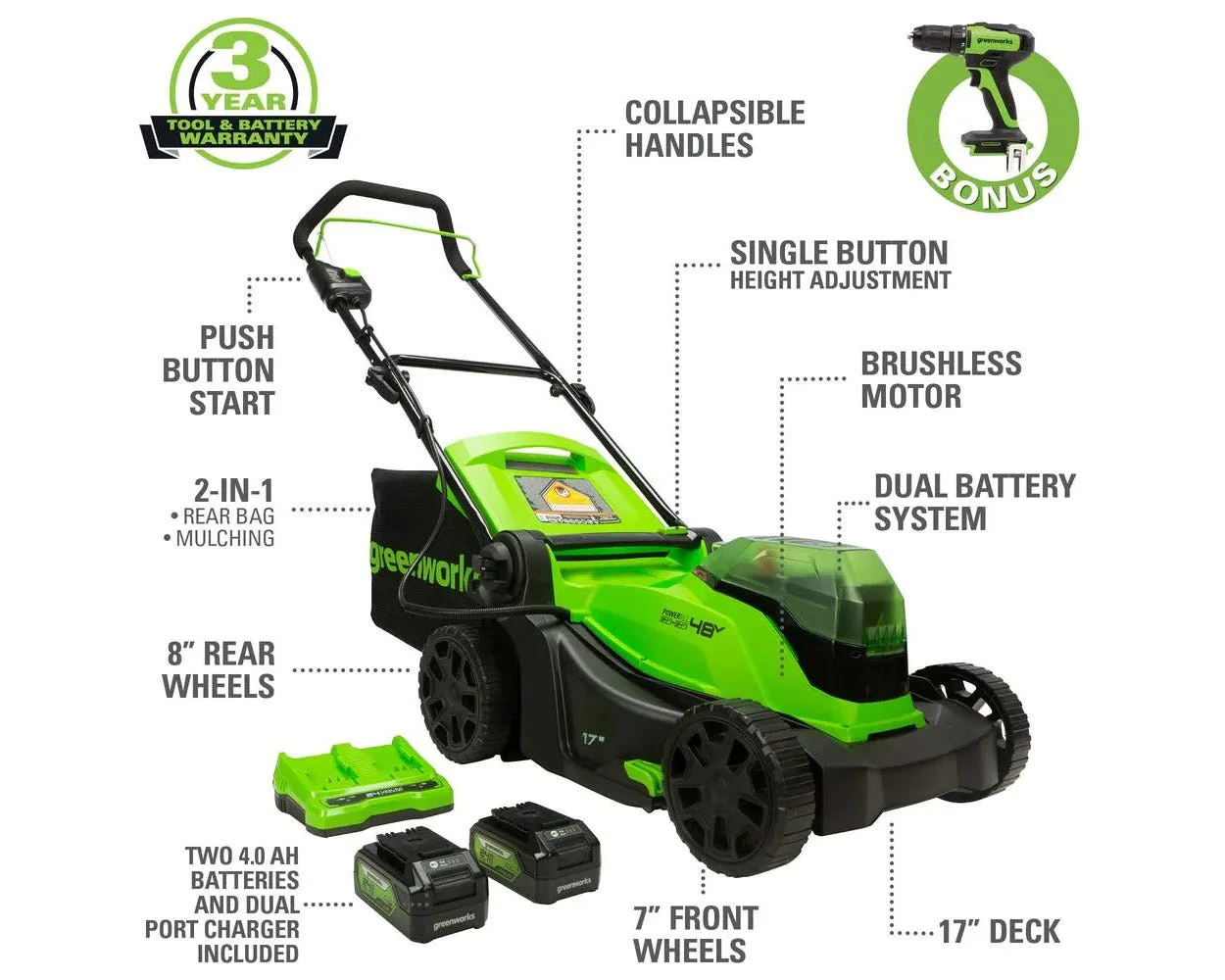 Greenworks 48V 17″ Brushless Cordless Lawn Mower + 24V Brushless Drill / Driver, (2) 4.0Ah USB Batteries (USB Hub) and Dual Port Rapid Charger Included (2 x 24V)