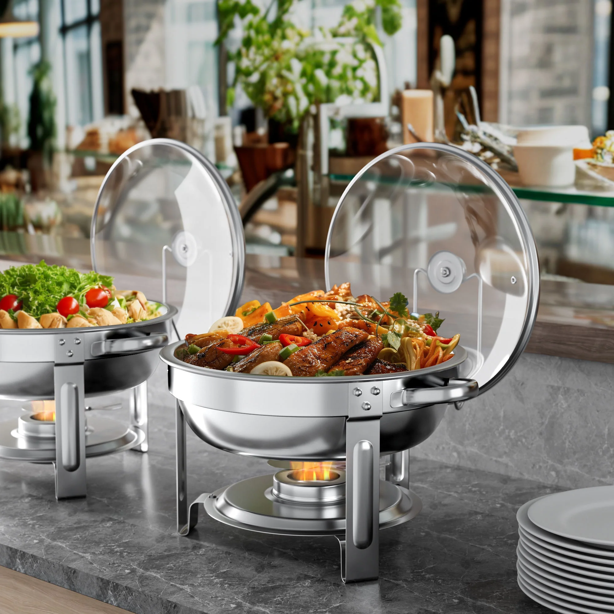 Chafing Dish Buffet Set 2 Pack, TINANA 5QT Stainless Steel Chafing Dishes for Buffet with Glass Lid & Lid Holder, Round Chafers and Buffet Warmers Sets for Parties, Events, Wedding, Camping, Dinner