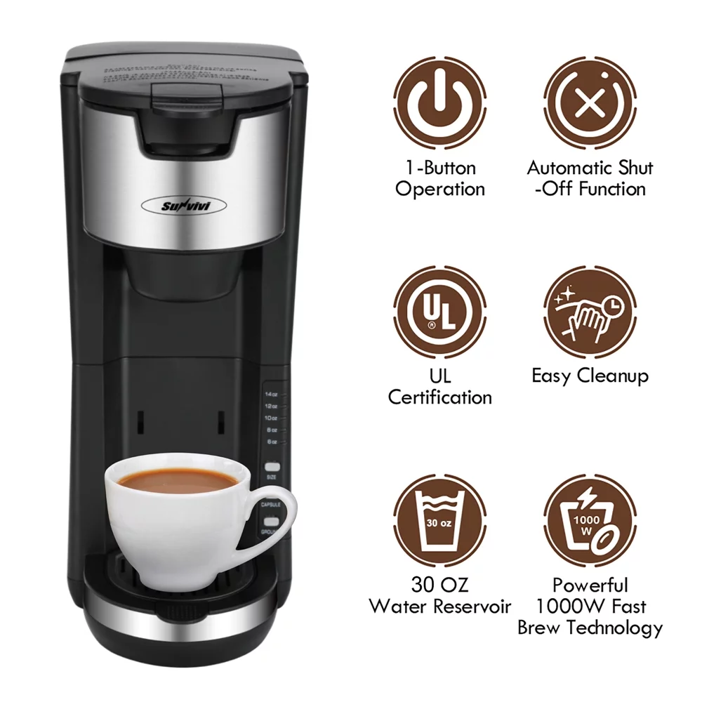 Superjoe Single Serve Coffee Maker, Coffee Machine For Single Cup Pod & Coffee Ground, 30 Oz Removable Reservoir, Compact Coffee Brewer with 6 to 14 oz, Black