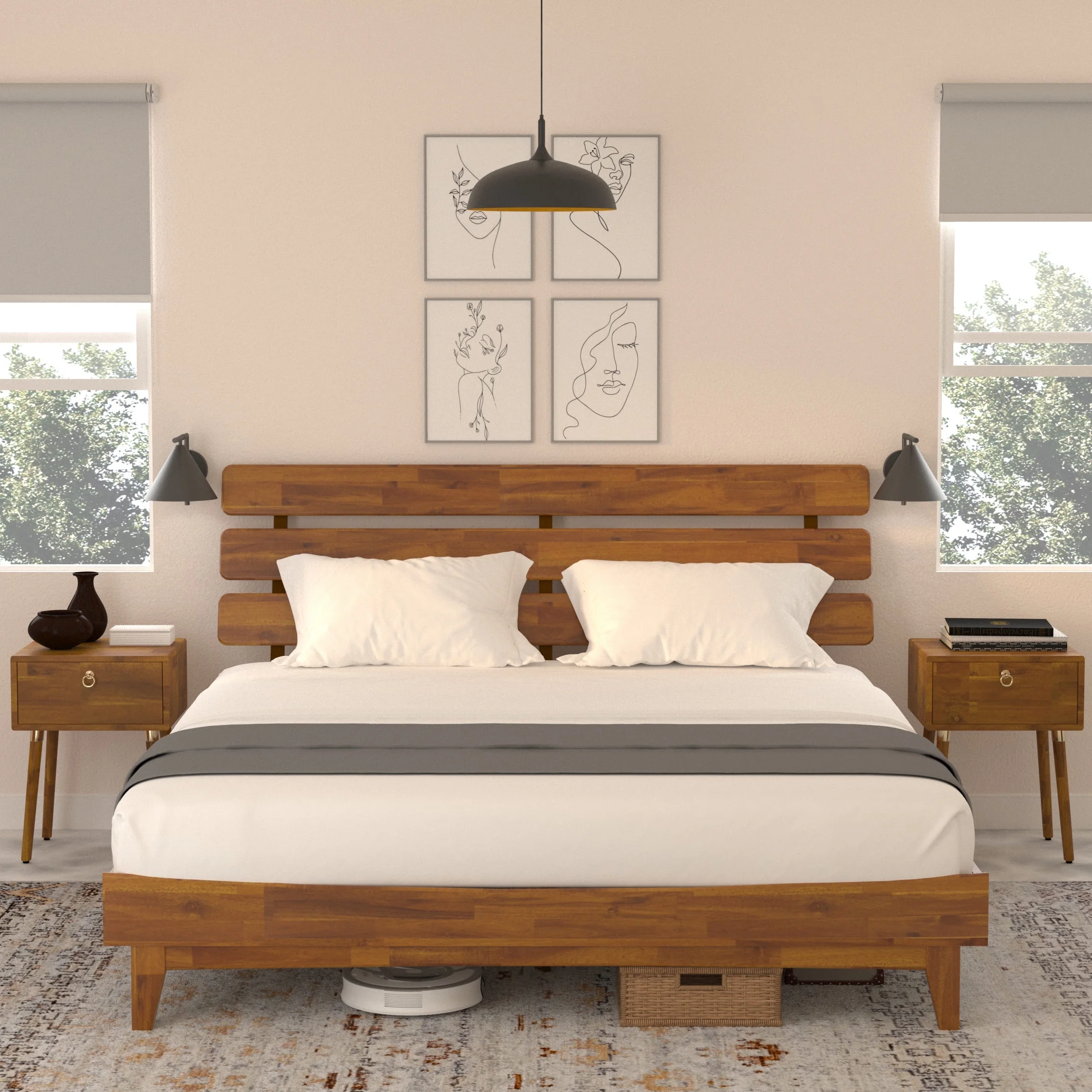 BME Dalen 45″ King Bed Frame, Adjustable Headboard, Mid-Century, Solid Wood, Caramel