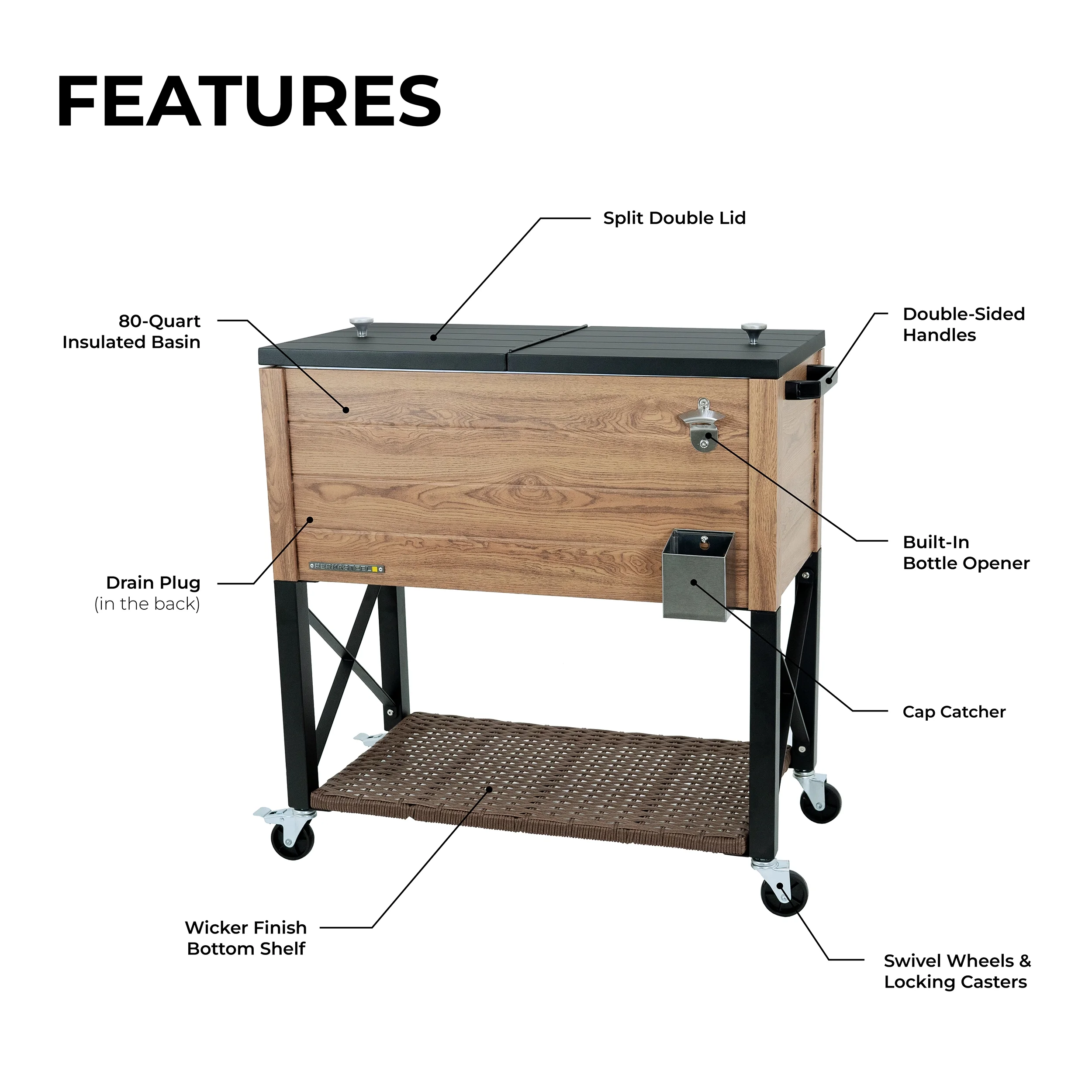 Permasteel 80-Qt Oak Wood Style Patio Cooler with Wicker Bottom