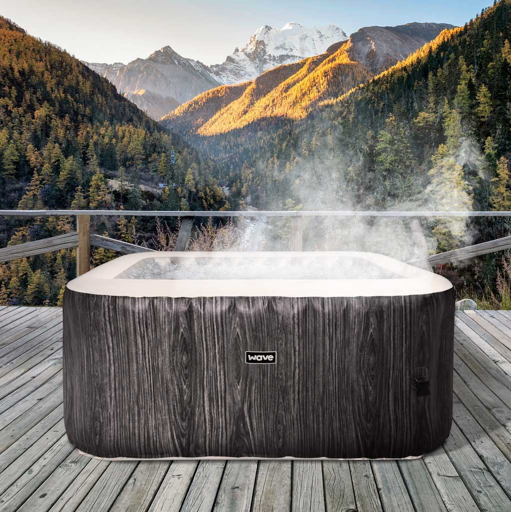 Wave Pacific 4 Person Square Inflatable Hot Tub, 95 Massaging Air Jets, Grey Wood