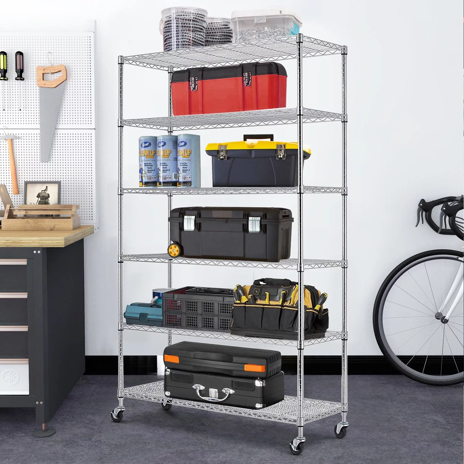 BestOffice 6 Tier Wire Shelving Unit with Wheels 2100LBS Capacity-18x48x82, Chrome