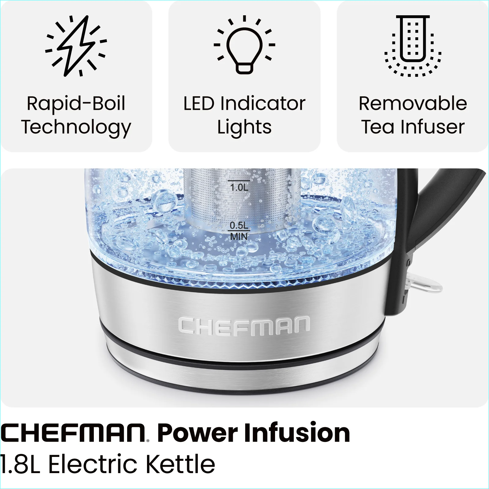 Chefman Fast Boiling 1.8L Electric Glass Kettle, Removable Tea Infuser, LED Lights, Stainless Steel