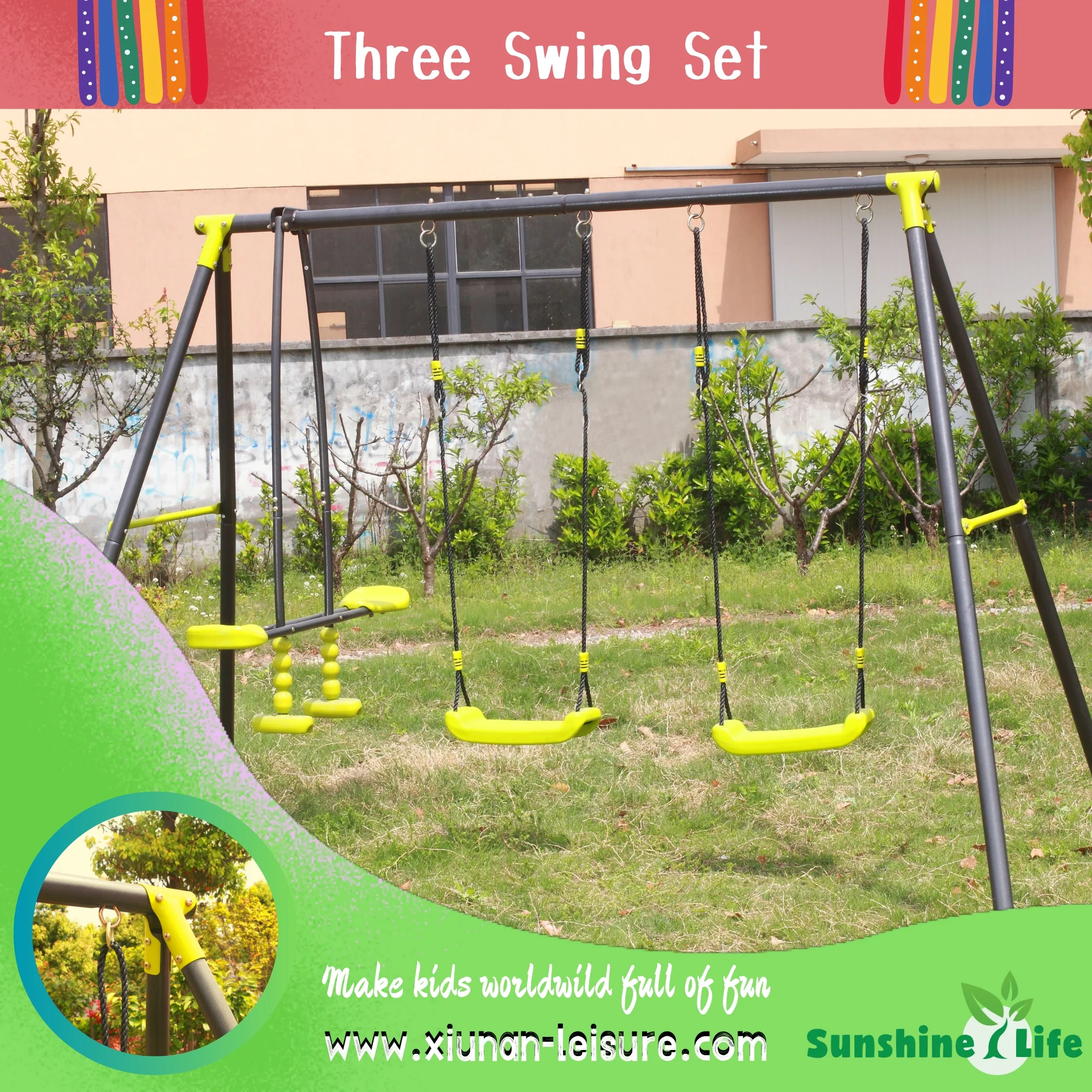 Sesslife Metal Swing Set for Outside, 5 in 1 Kids Backyard with Slide, Seesaw Swing, Single Swing and Basketball Hoop