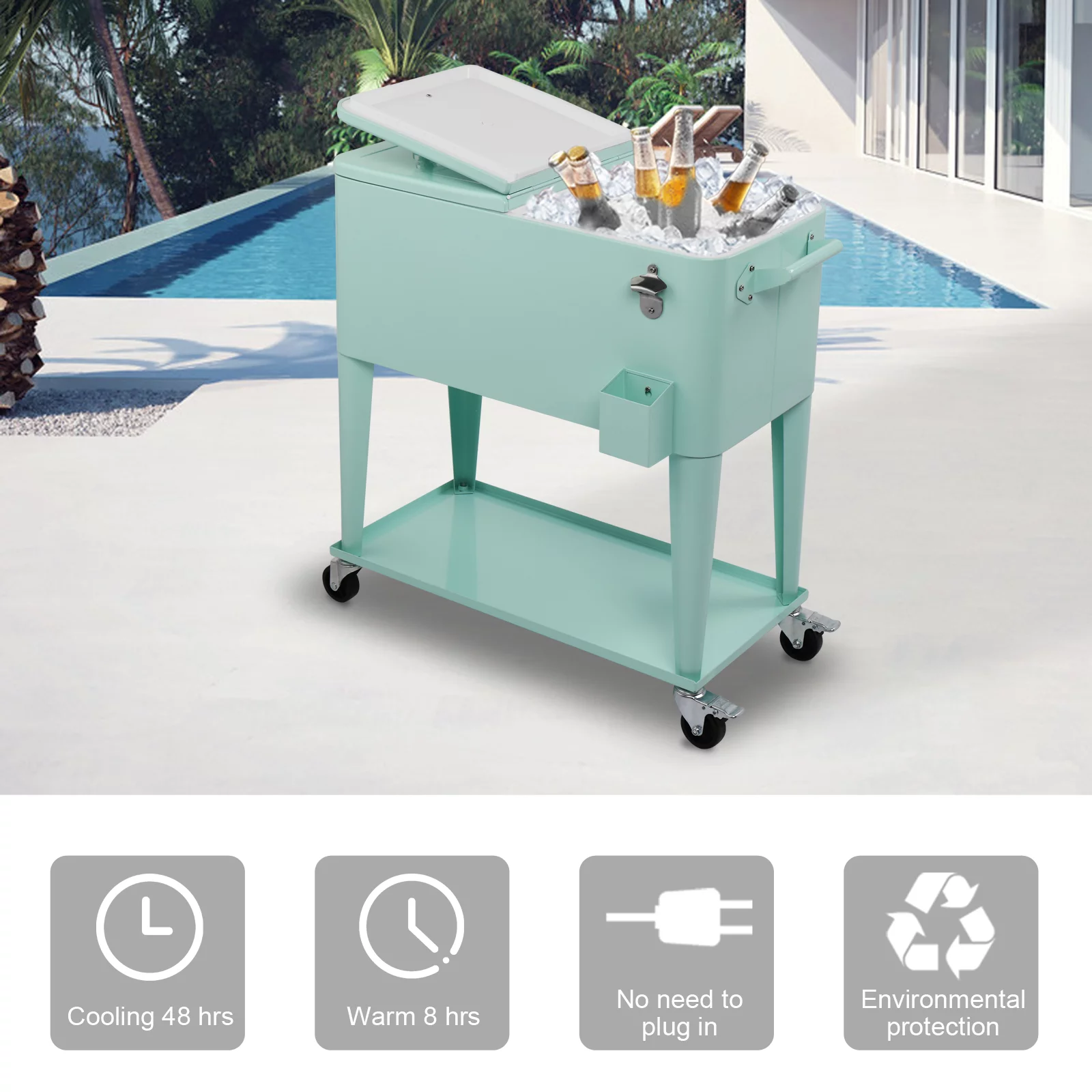 Portable Rolling Cooler Cart 80 Quart Cooler cart, Ice Chest Cart Trolley Rolling Cart Cooler with Wheels Outdoor Beverage Cooler for Patio Ice Chest with Shelf, Water Pipe and Bottle Opener