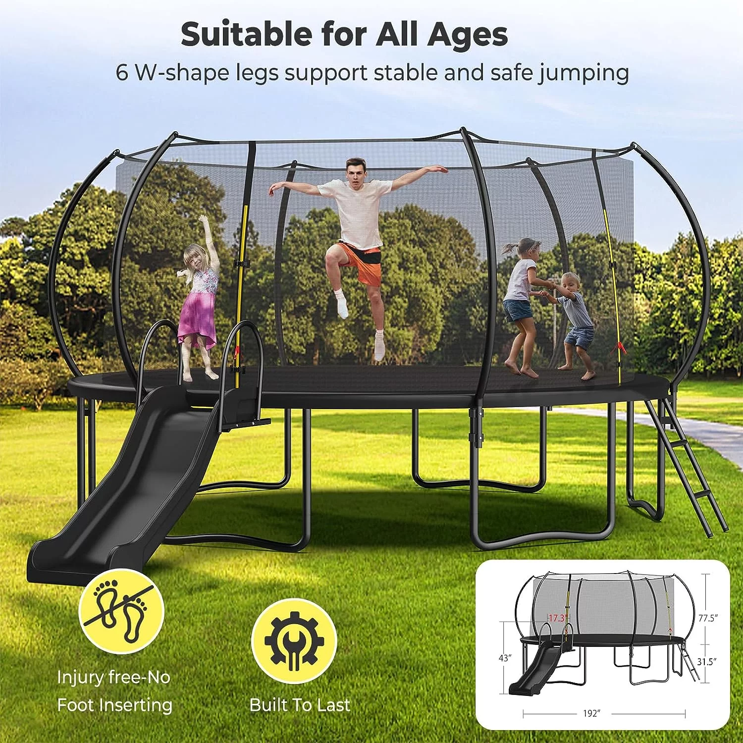 Jump Into Fun Trampoline 12 14 16FT Capacity for 5-7 Kids, Trampoline with Slide, Enclosure Net and Ladder, Pumpkin Trampoline for Adults and Kids, Curved Poles Recreational Backyard Trampoline