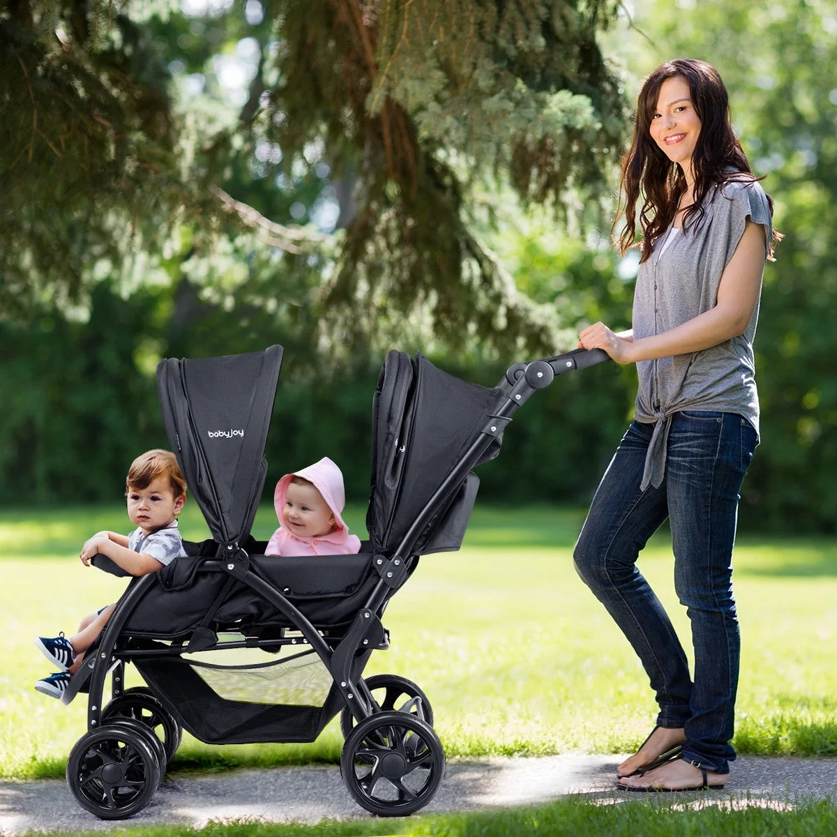 Babyjoy Double Stroller Foldable Baby Twin Lightweight Travel Stroller Infant Pushchair Black