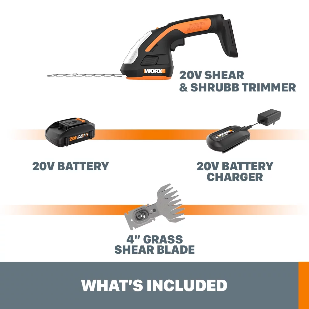 Worx WG801 20V Power Share 4″ Cordless Shear and 8″ Shrubber Trimmer