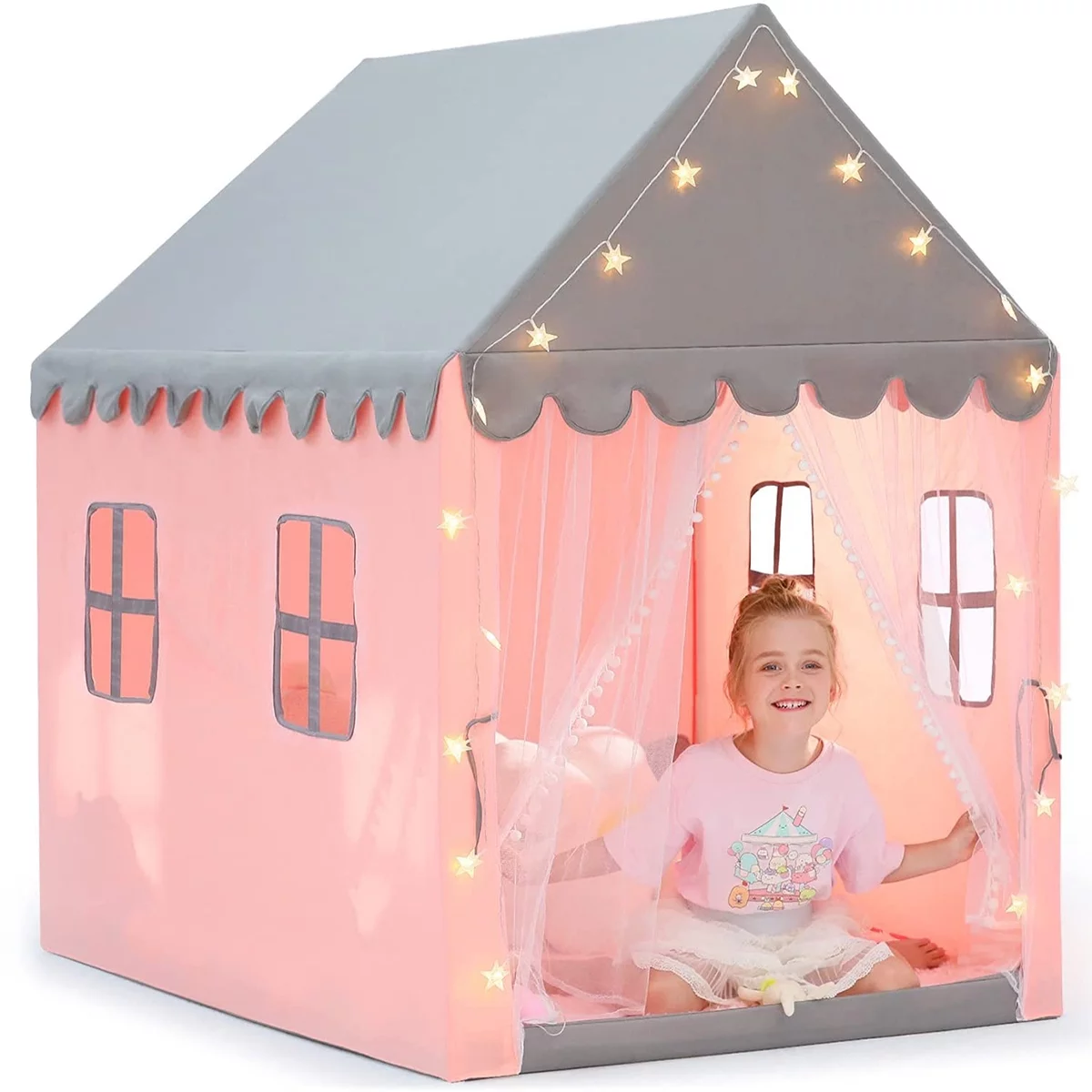 Princess Tent Star Light String and 2pcs Windows Playhouse Tent Large Space Fairy Castle Tent for Reading and Relaxing Play Tent for Kids Christmas Gift 49.2 x 37.4 x 53.1″