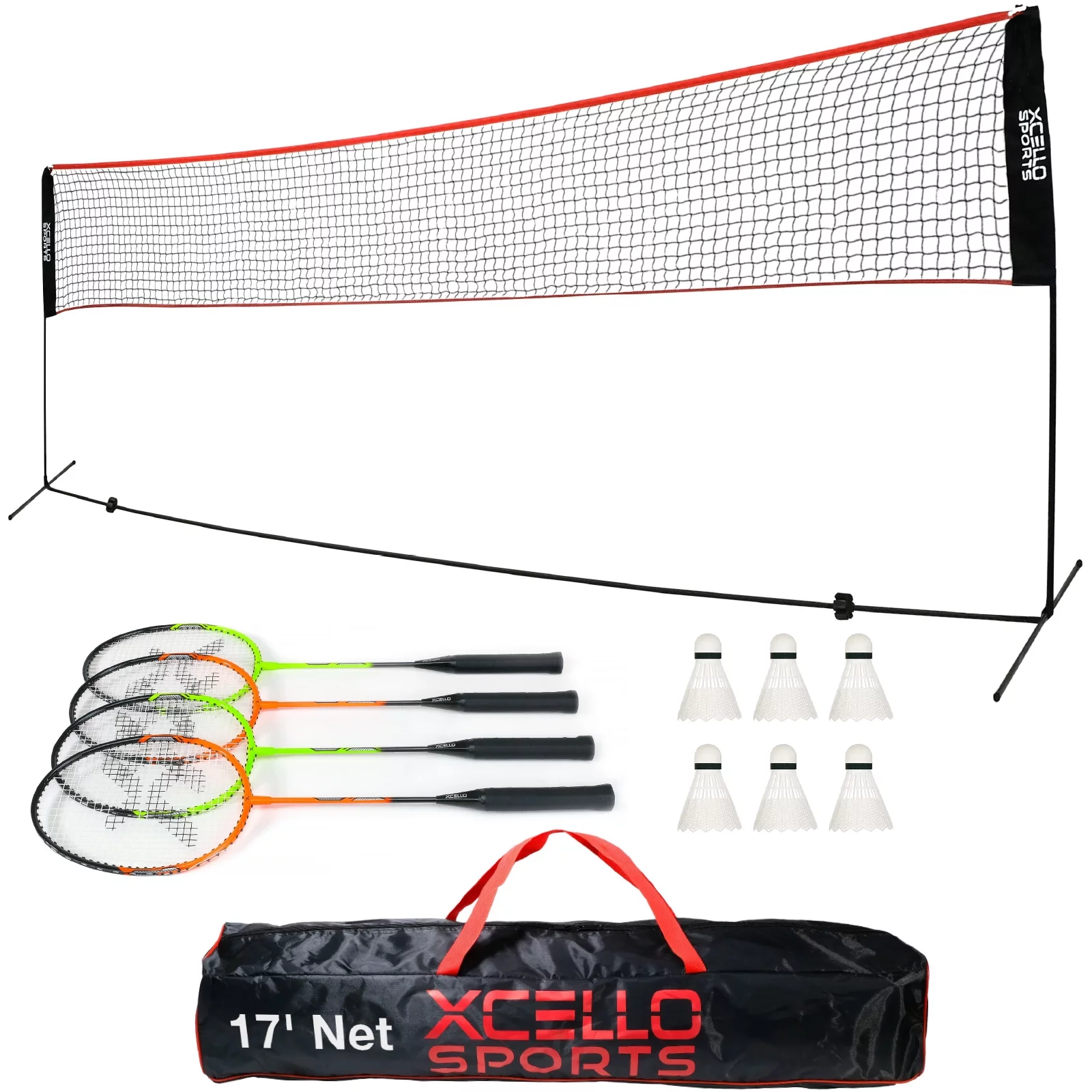 Xcello Sports Complete Badminton Set For Backyard – Includes 17-Foot Foldable Net, 4 Rackets, 6 Shuttlecocks, and Carry Bag