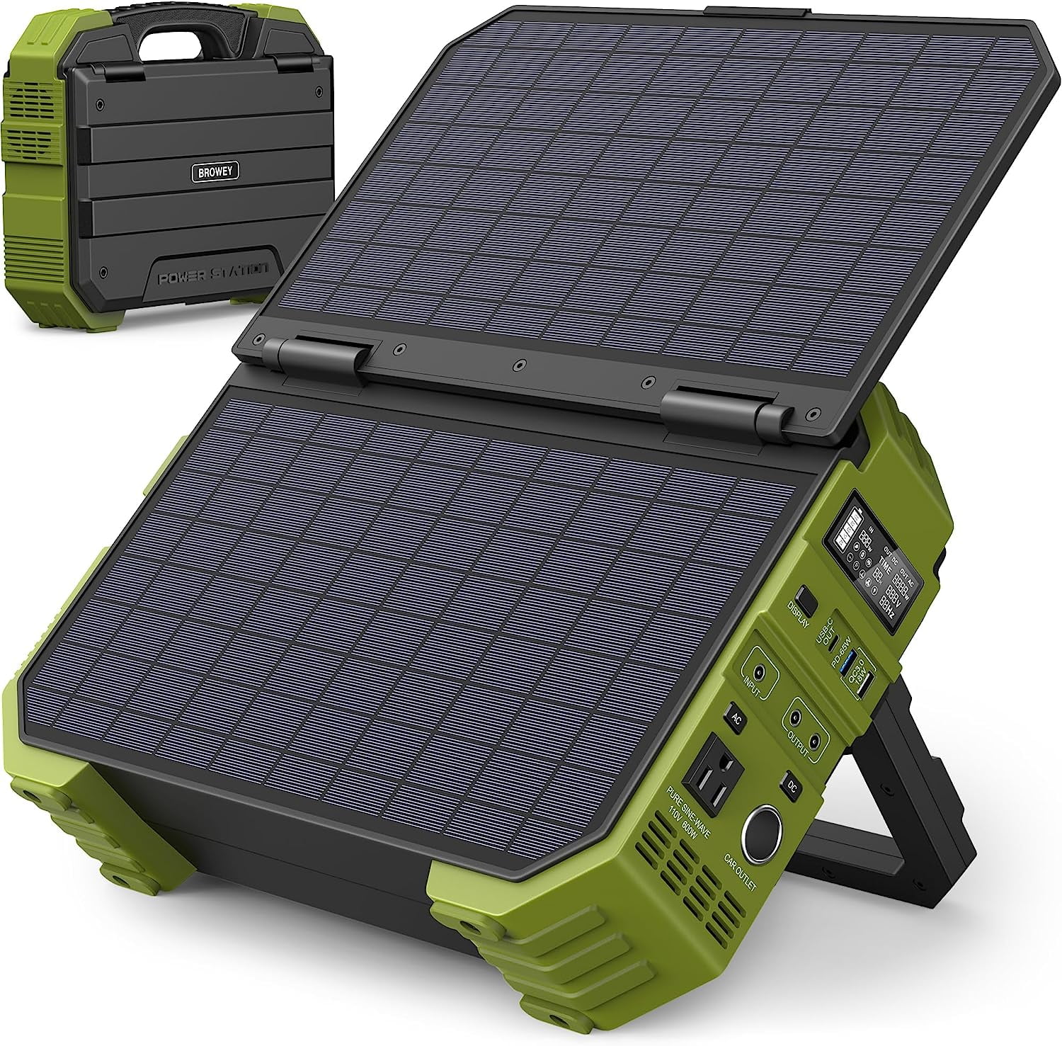 BROWEY 614.4Wh Portable Power Station with 30W Solar Panel, 600W AC Outlet, Backup Lithium Battery, Solar Generator for Outdoor Camping, RV Travel, Emergency