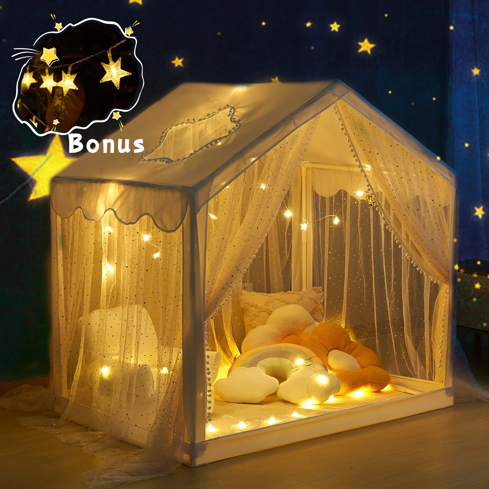 Play Tent for Kids, Breathable Playhouse for Toddler, Large Kids House Tent Indoor & Outdoor, Castle Tent for Girls Decorated Sequin Sparkle Stars, Boho Decor