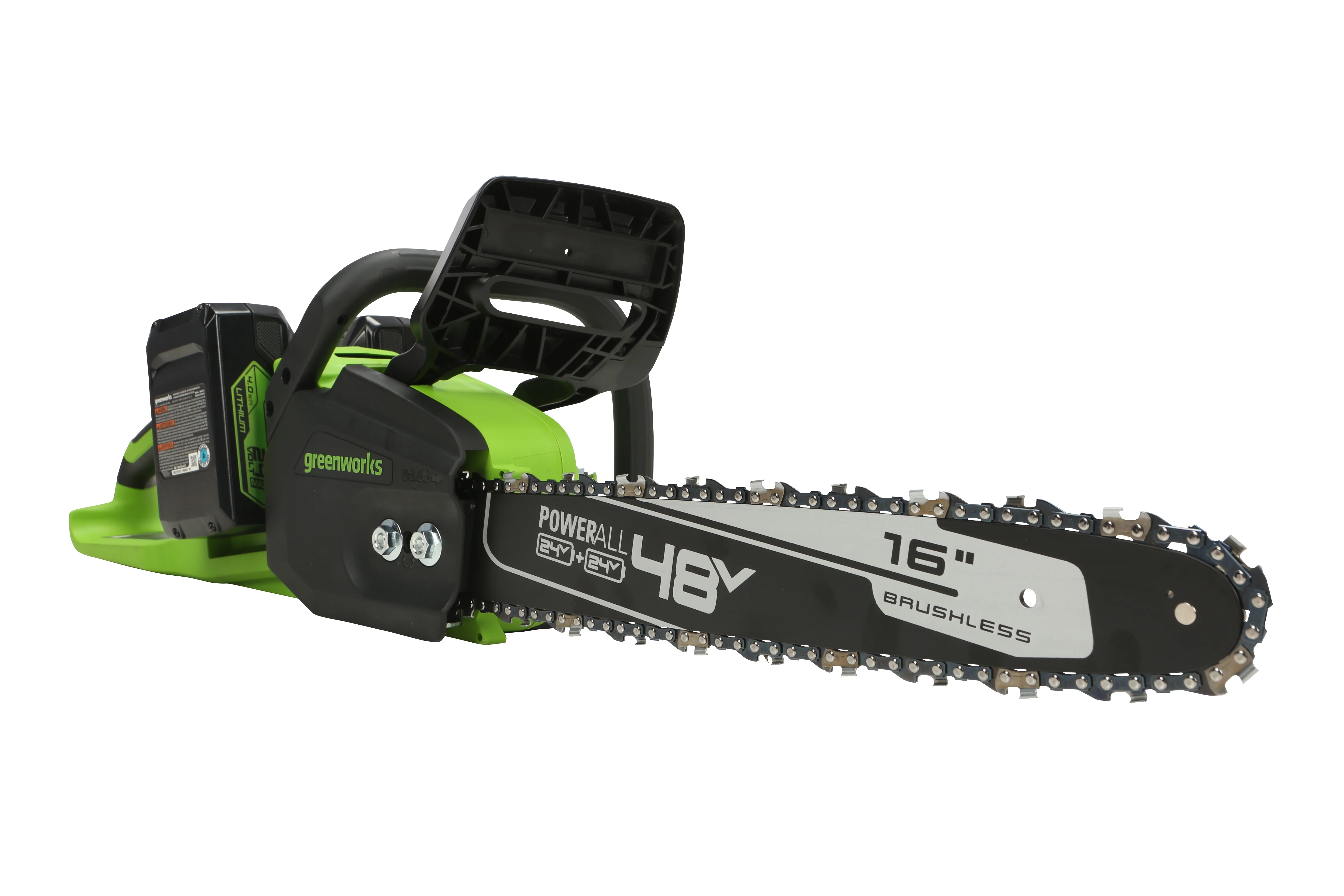 Greenworks 48V (2x24V) 16-inch Brushless Chainsaw with (2) 4Ah USB Batteries and Dual Port Charger, 2018002