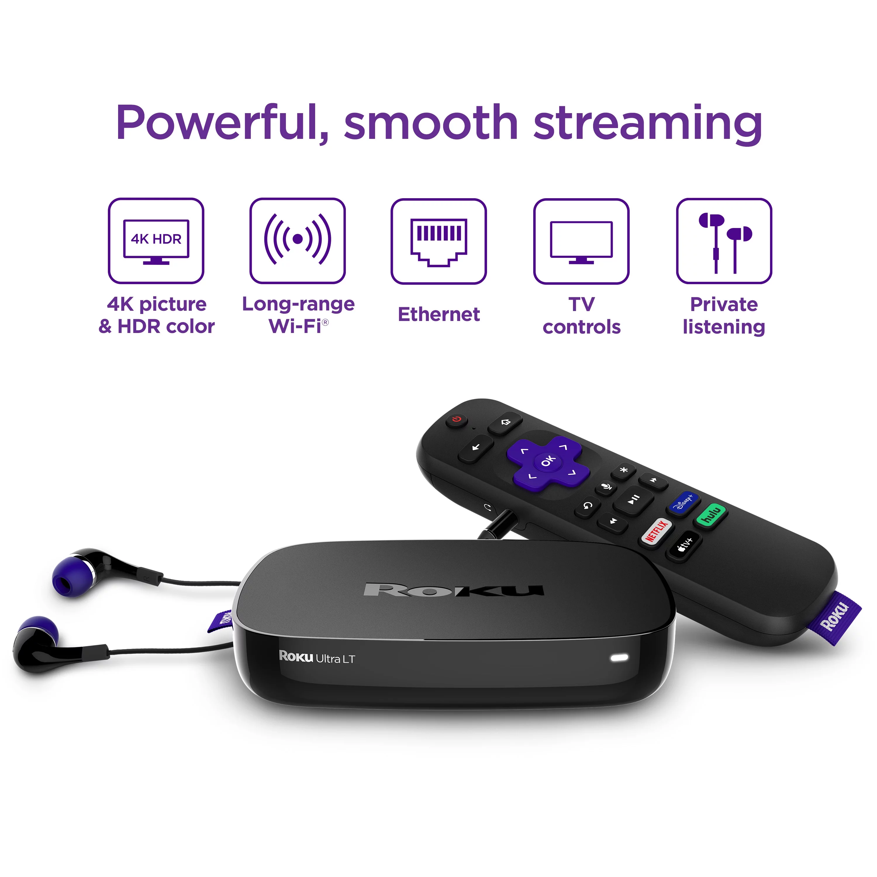 Roku Ultra LT 2019 HD/4K/HDR Streaming Device with Ethernet Port and Roku Voice Remote with Headphone Jack, includes Headphones