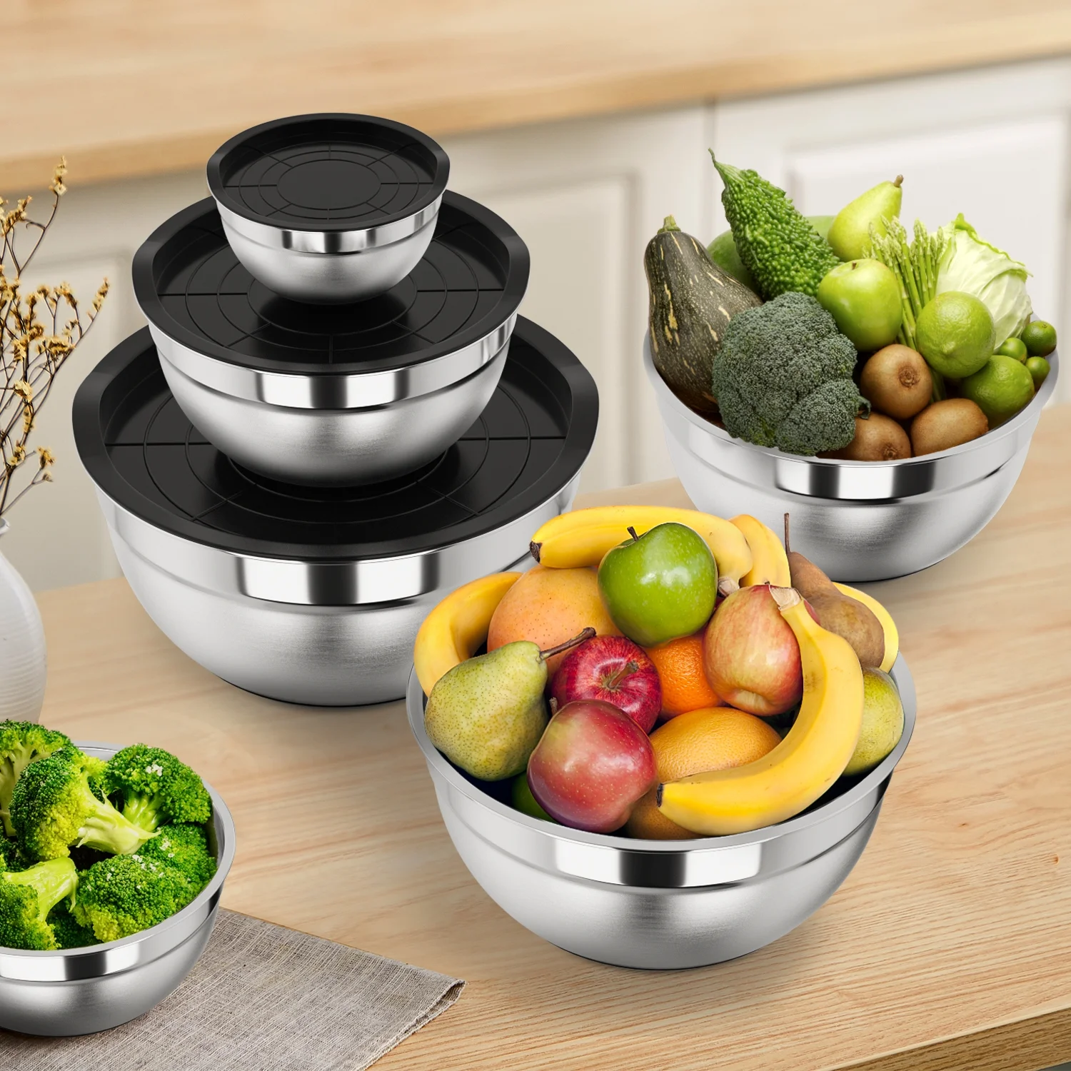 TINANA Mixing Bowls with Lids: 20 Pcs Stainless Steel Mixing Bowls Set with Rubber Bottom, 7, 4, 3.5, 2.5, 2, 1.5QT Metal Mixing Bowls for Kitchen, Multi-Color