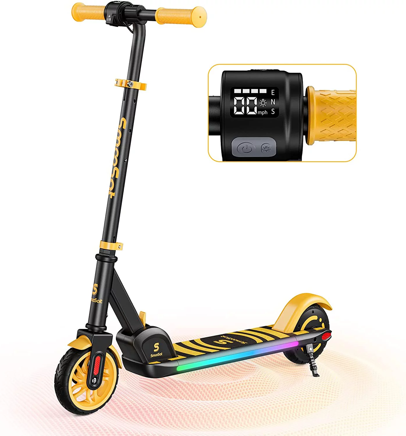 SmooSat Foldable Electric Scooter for Kids with Wireless Music Speaker, Colorful LED Lights and Display, 3 Speeds 5/8/10 MPH and Adjustable Height E-Scooter, Ideal Gift for Kids Age 8+