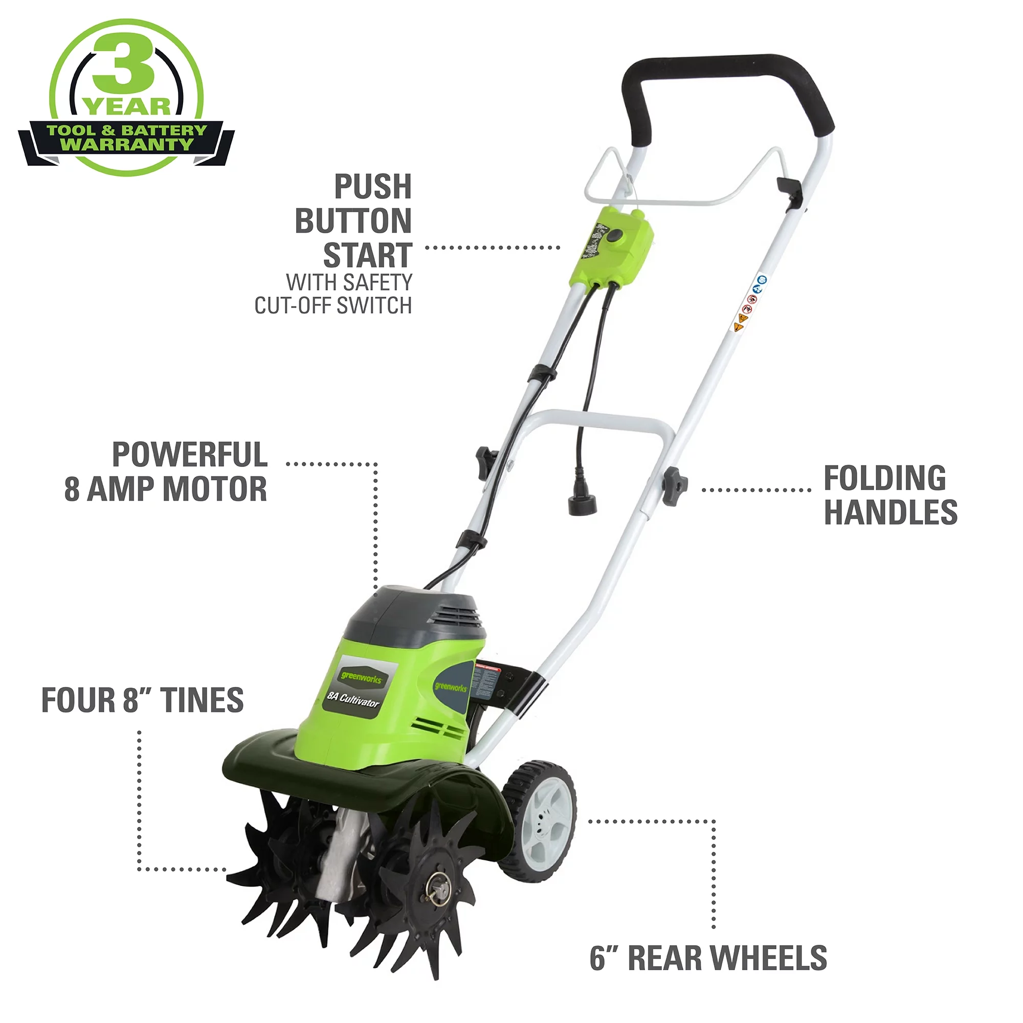 Greenworks 8 Amp 10-inch Corded Electric Cultivator/Tiller, 27072