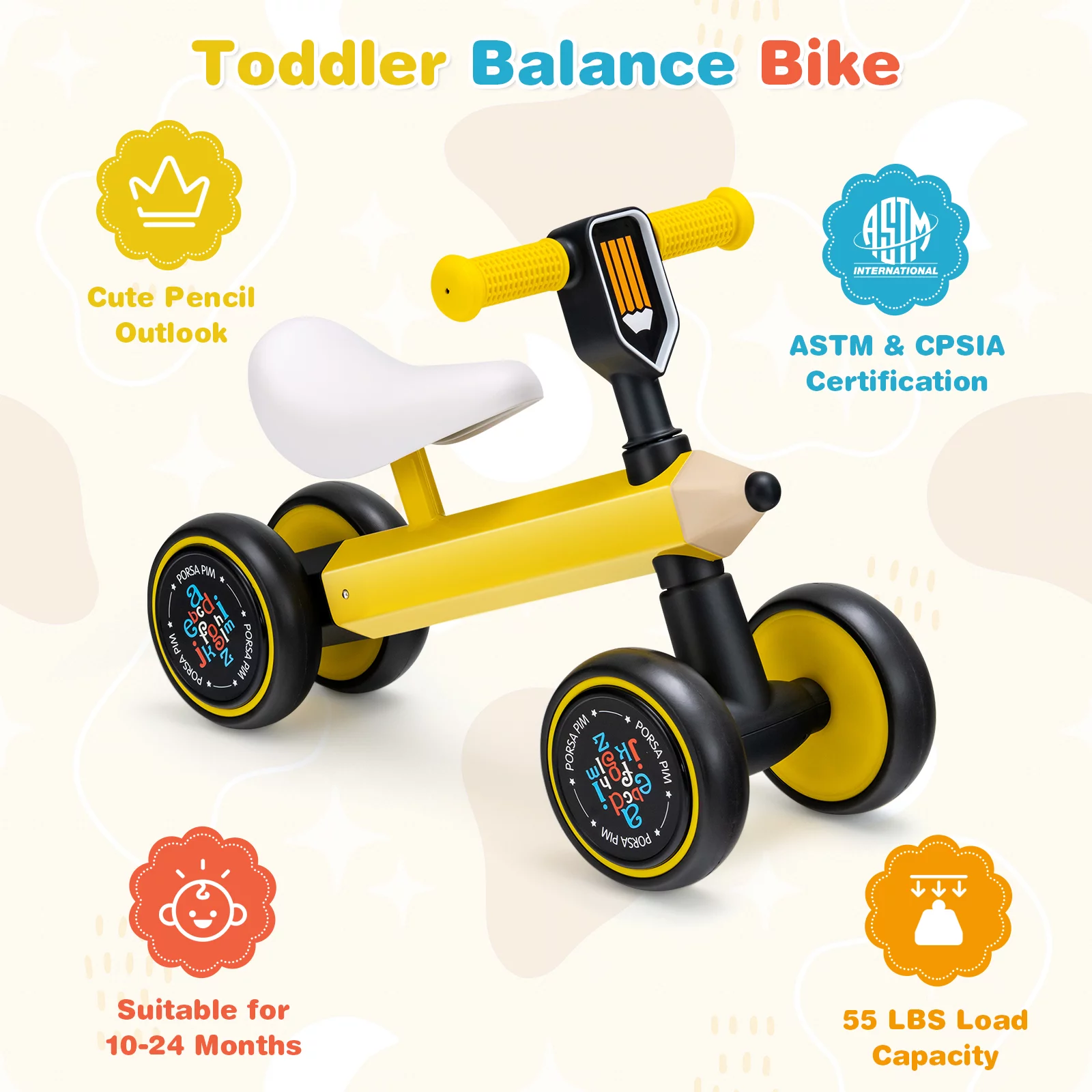 Infans Baby Balance Bike for 1-3 Years Old Riding Toy No Pedal for Boys & Girls Yellow