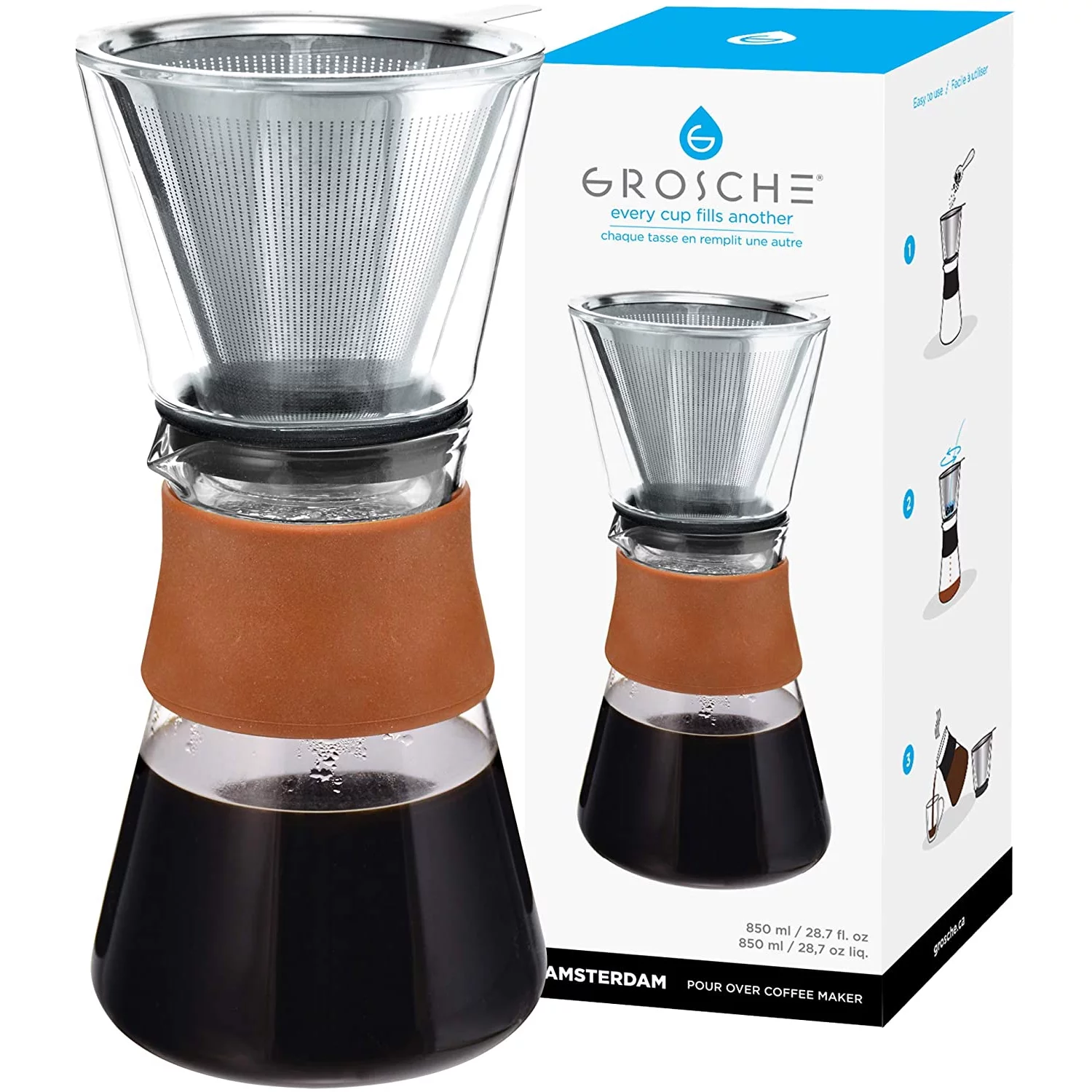 GROSCHE Amsterdam Craft Pour Over Coffee Maker with Glass Top and Permanent Coffee Filter, 27.6 fl oz