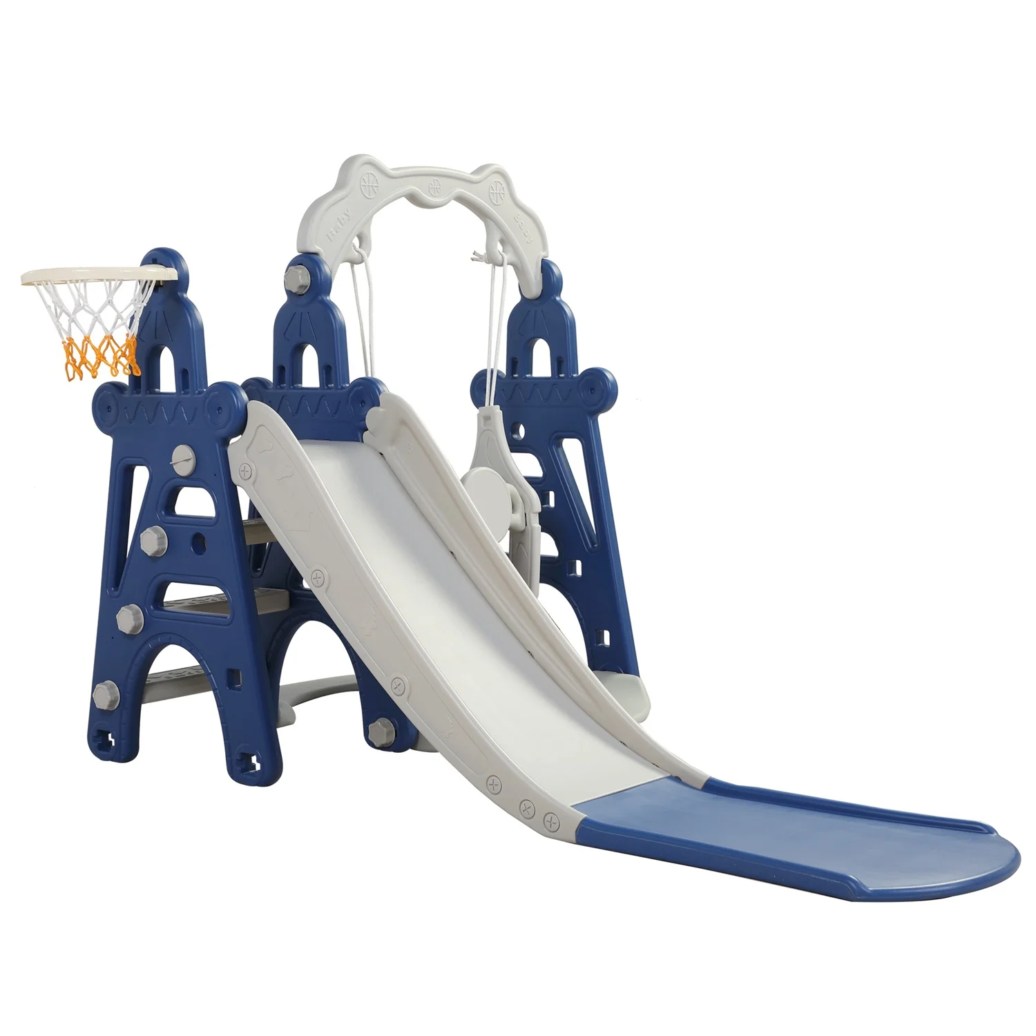 CIPACHO 3 in 1 Kids Slide and Swing Set with Basketball Hoops for Toddlers 1-5 Years, Indoor Outdoor Playground, Blue