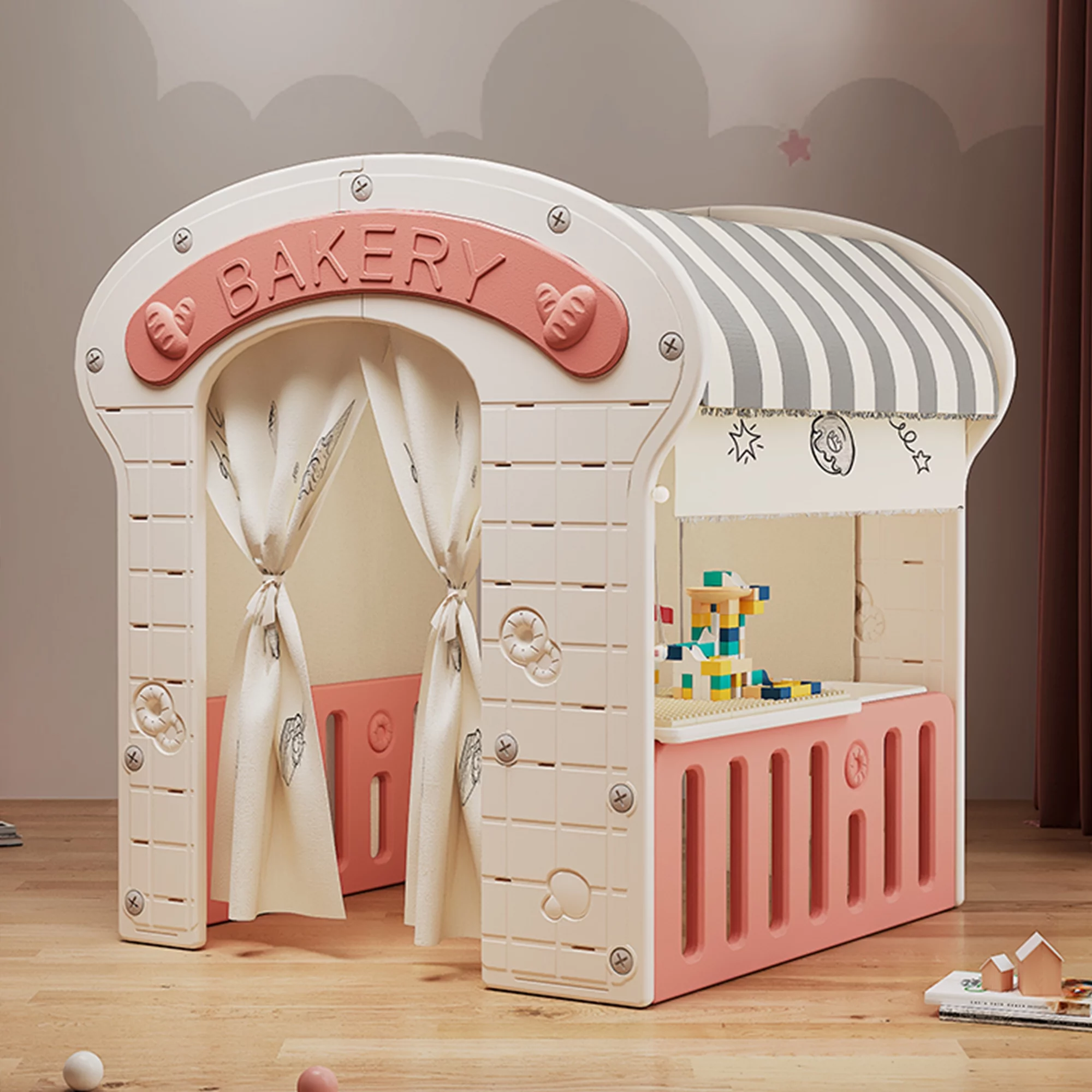 Kids Indoor/Outdoor Playhouse with Storage Box and Building Blocks,Bakery-Themed Playhouse for Imaginative Play-pink